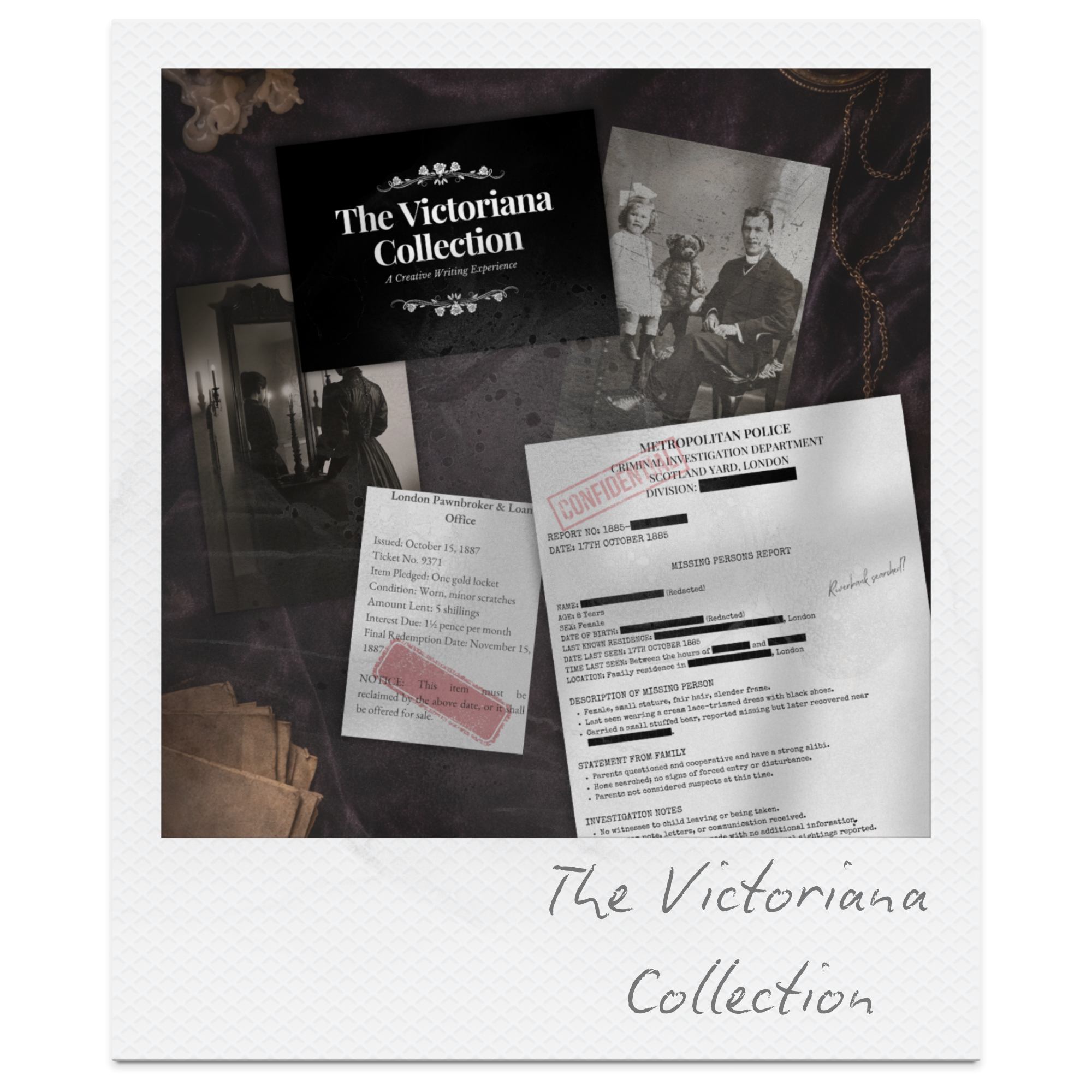 Collection of vintage items including an old police report, a black book titled 'The Victoriana Collection,' sepia-toned photographs, and handwritten notes, arranged on a dark fabric background.