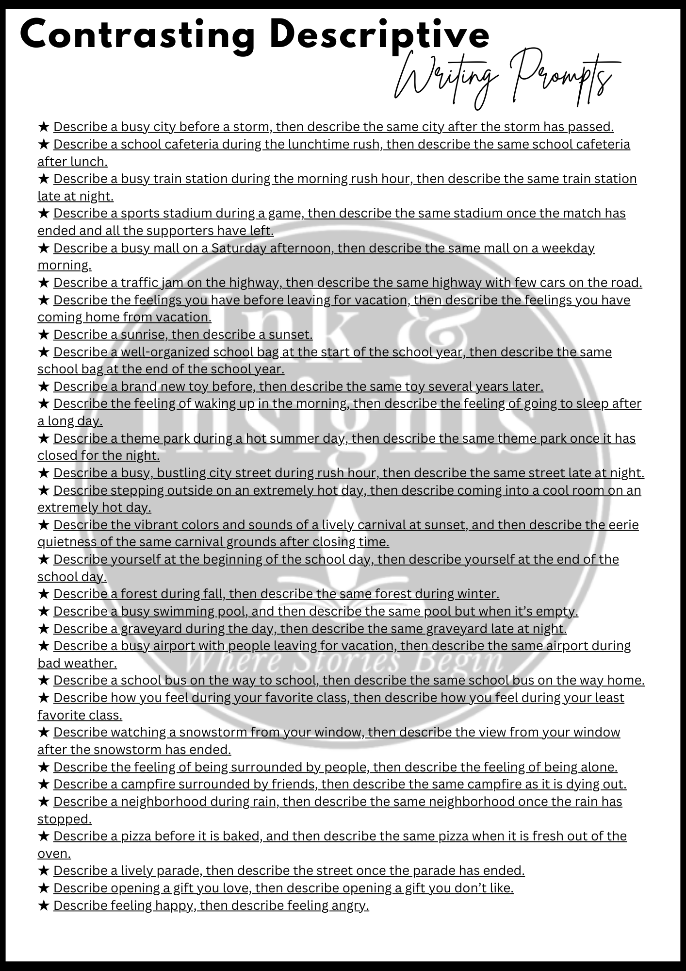 Abstract Descriptive Prompt Contrasting Descriptive Writing Prompts Booklet — Ink & Insights