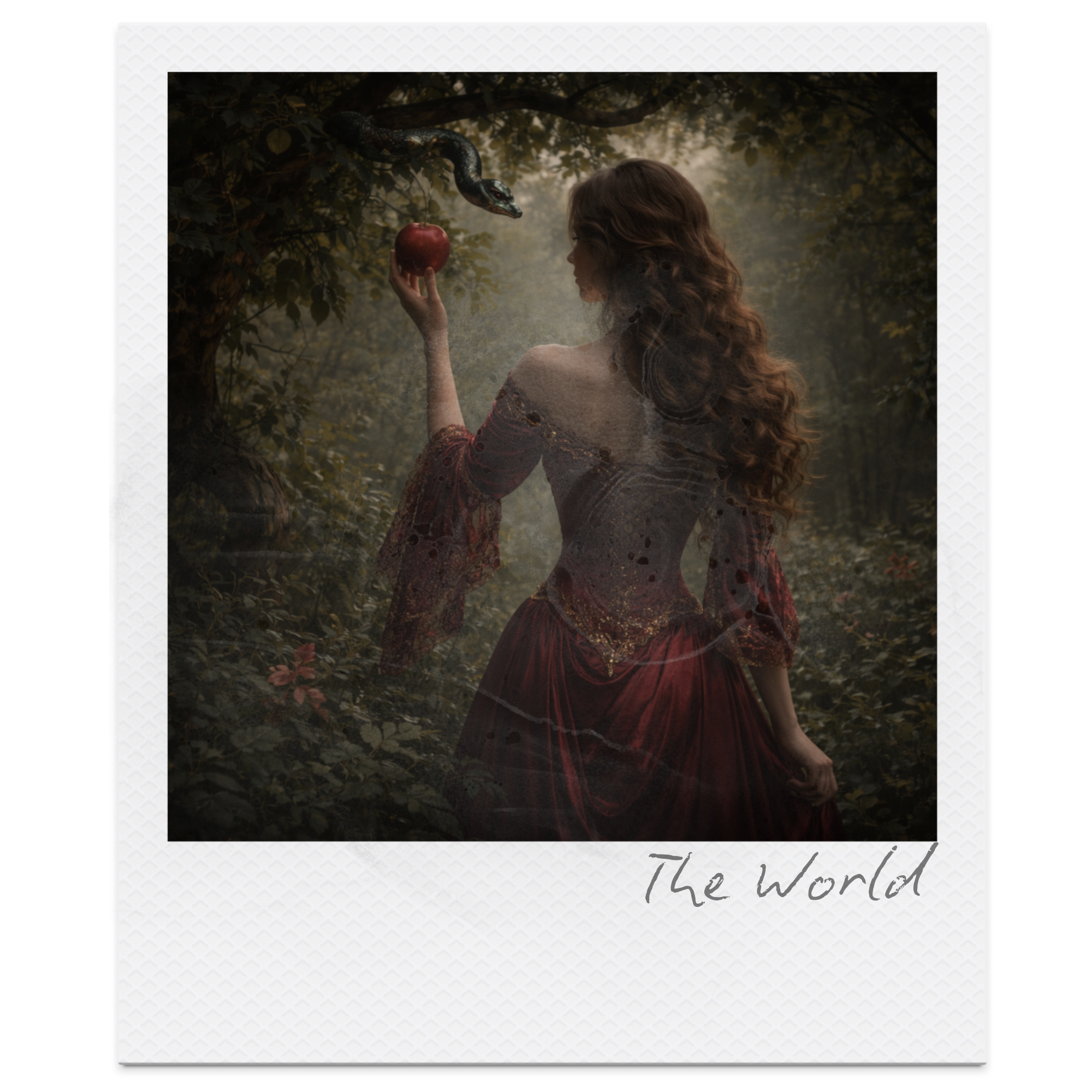 A woman with long, curly hair wearing a red, ornate dress holds an apple in her hand and looks at a snake hanging from a tree in a dark, mystical forest. The scene has a fantasy or fairy-tale atmosphere with the words "The World" written at the botto