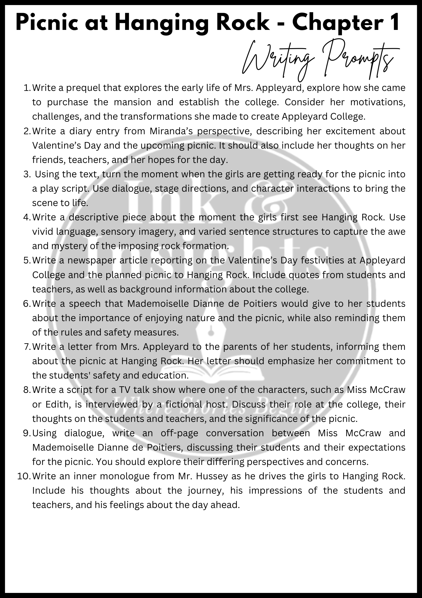 Picnic at Hanging Rock Chapter 1 Writing Prompts.png