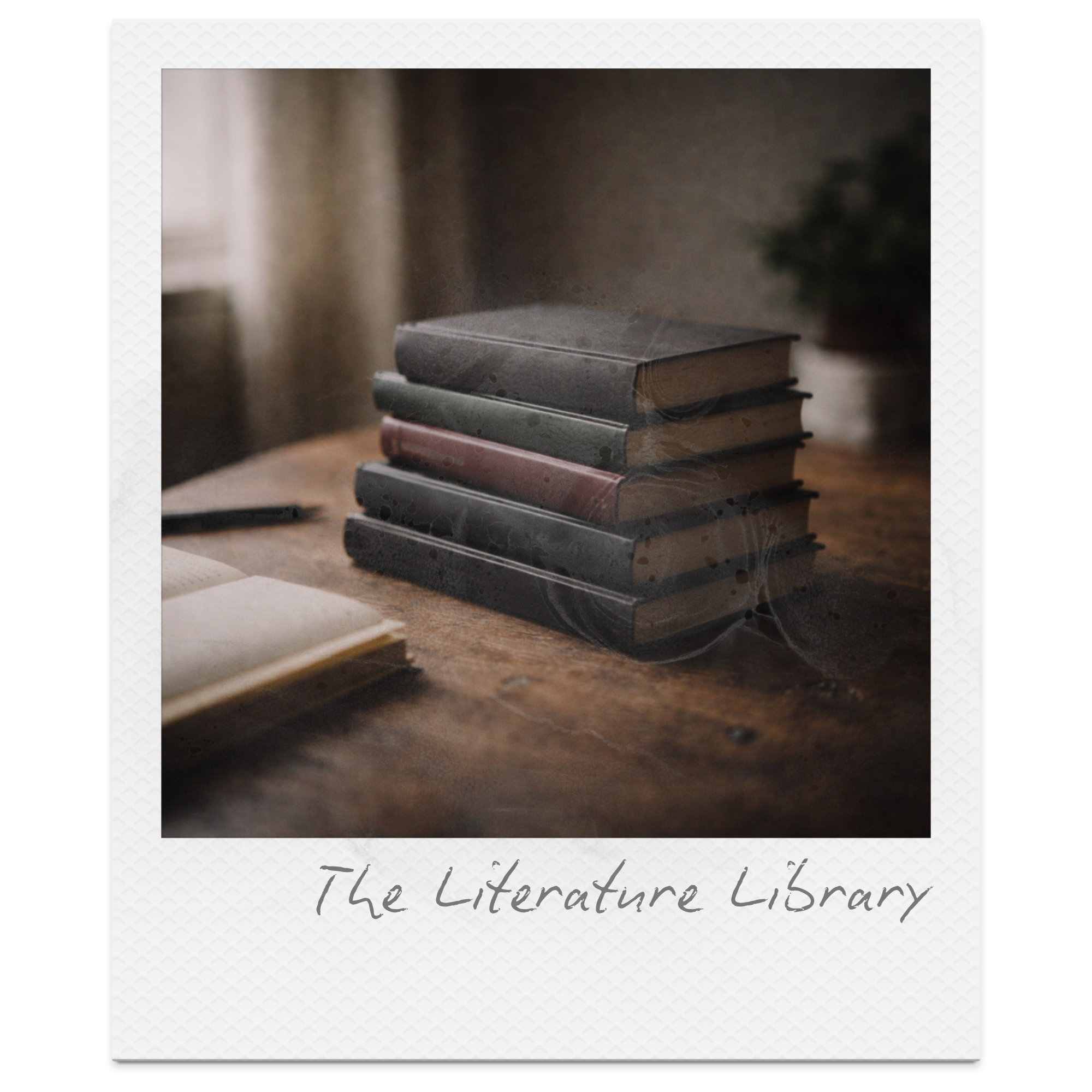 A stack of five closed books on a wooden table, with an open book nearby, and a blurred plant in the background, captioned 'The Literature Library'. 