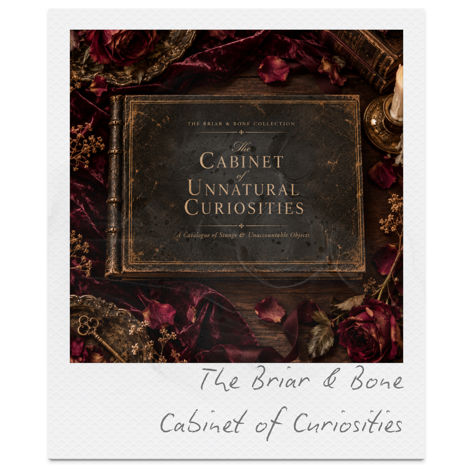 Book titled 'The Cabinet of Unnatural Curiosities' on a dark wooden surface surrounded by dried roses, gold ornate objects, and red velvet fabric.