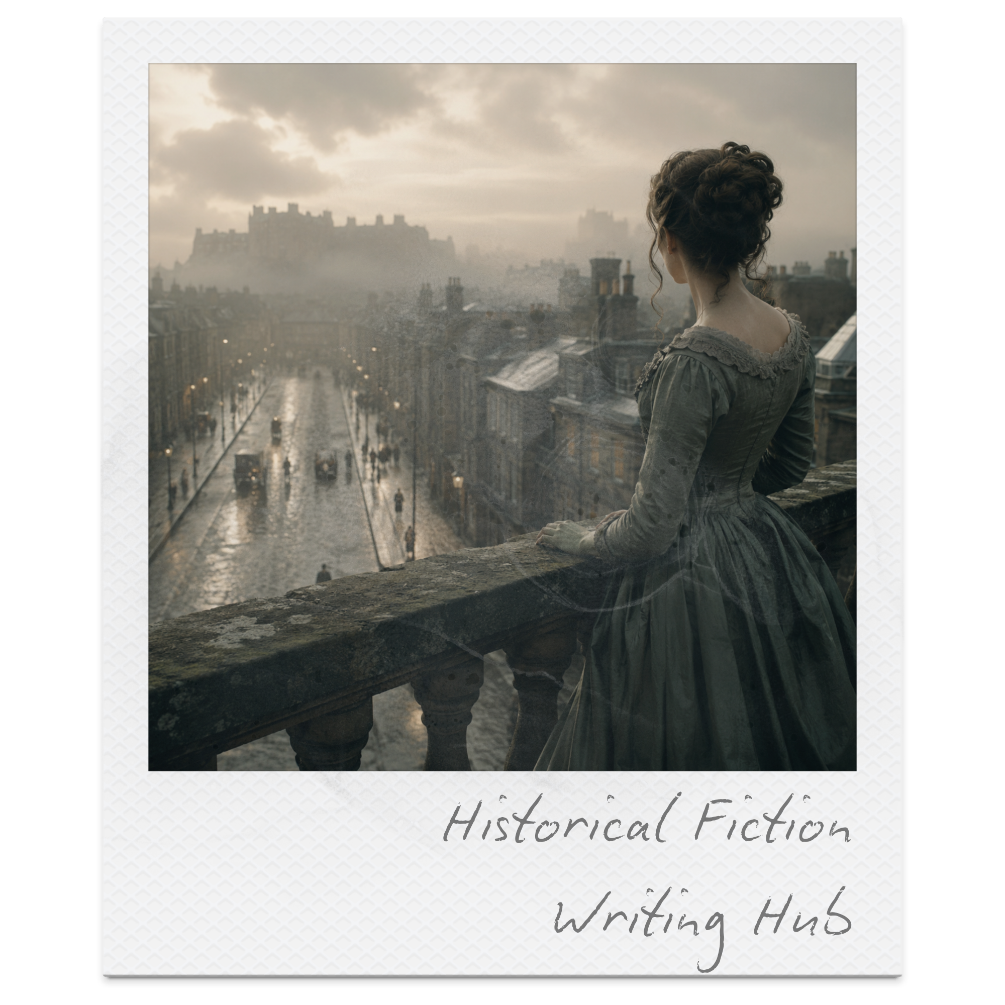 A woman dressed in period clothing sitting on a stone ledge overlooking a rainy city street with a castle in the distance, under an overcast sky.