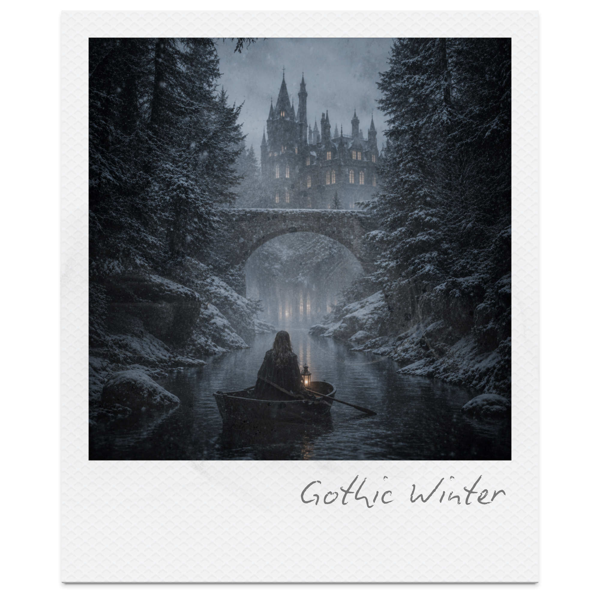 A castle in the snow at dusk, surrounded by snowy pine trees, with a boat on a river in the foreground. The scene is foggy and the castle windows are lit. The image is part of a book cover titled 'Gothic Winter'.