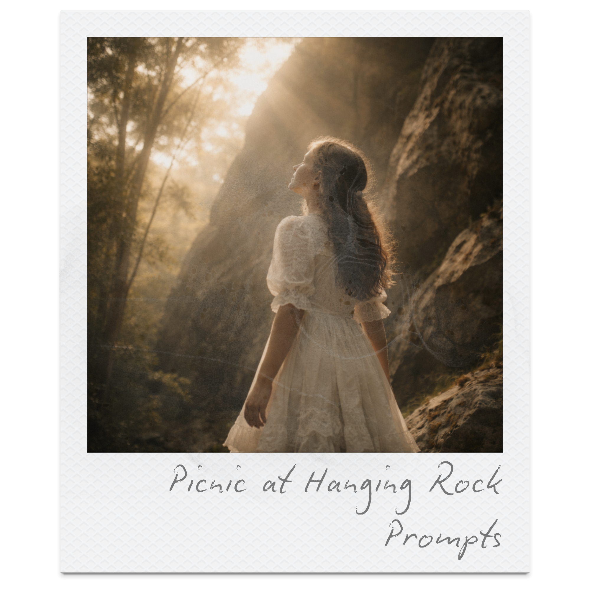 A woman in a vintage cream-colored dress stands outdoors at Hanging Rock during sunset, surrounded by trees and rocky formations.