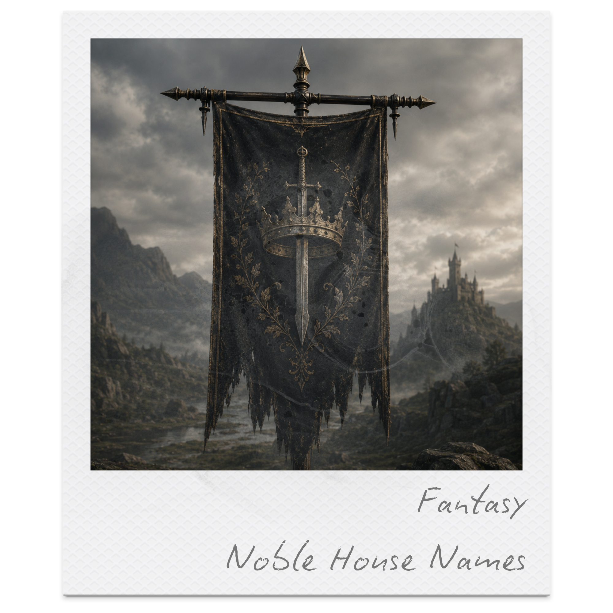 A dark fantasy-style banner with a medieval sword with a crossguard and a pointed pommel, protruding from a tattered black and gold banner with floral designs. In the background, there are mountains, a river, and a castle on a hill. The sky is cloudy