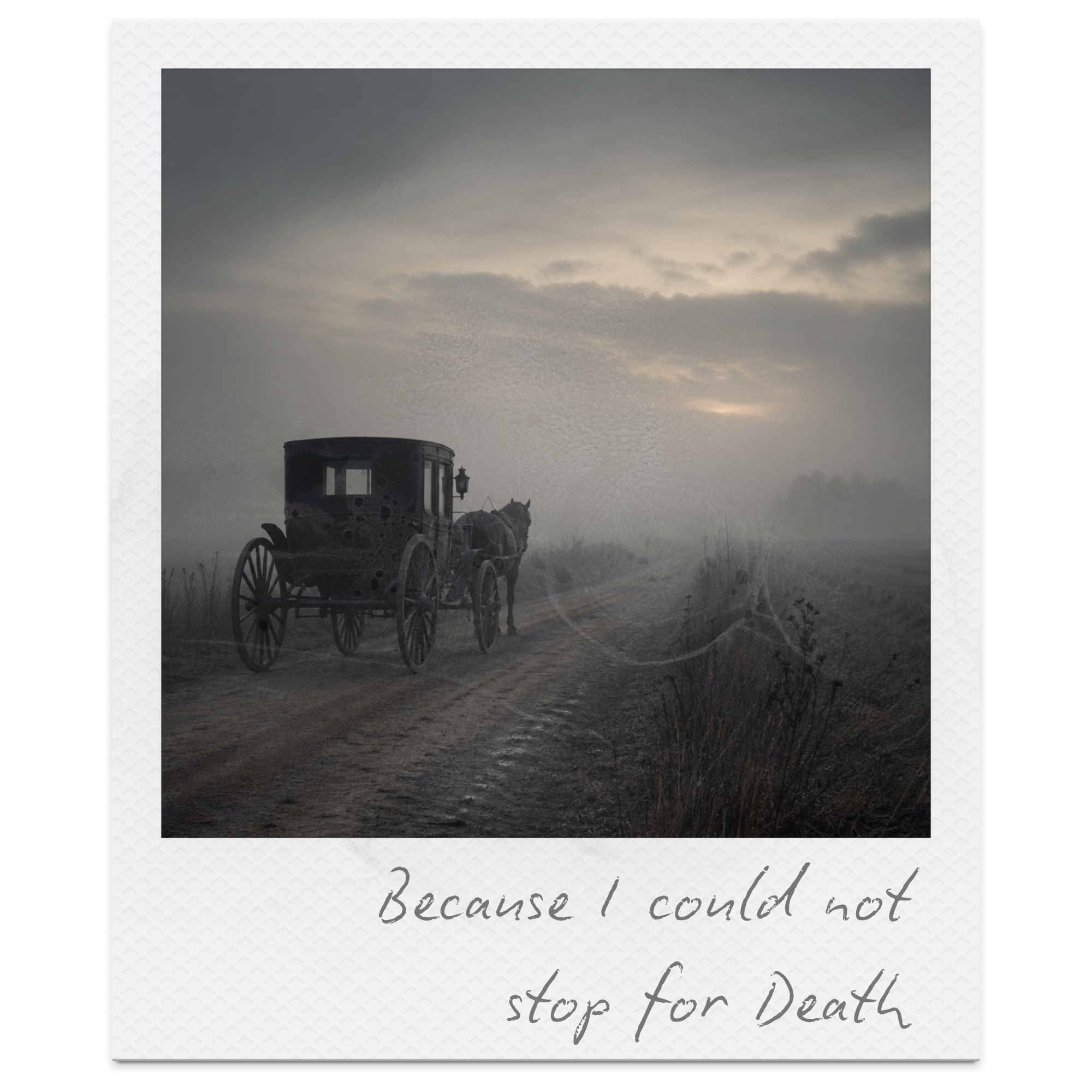 A foggy scene with an old-fashioned horse-drawn carriage on a dirt road, under a cloudy sky with sunlight breaking through.
