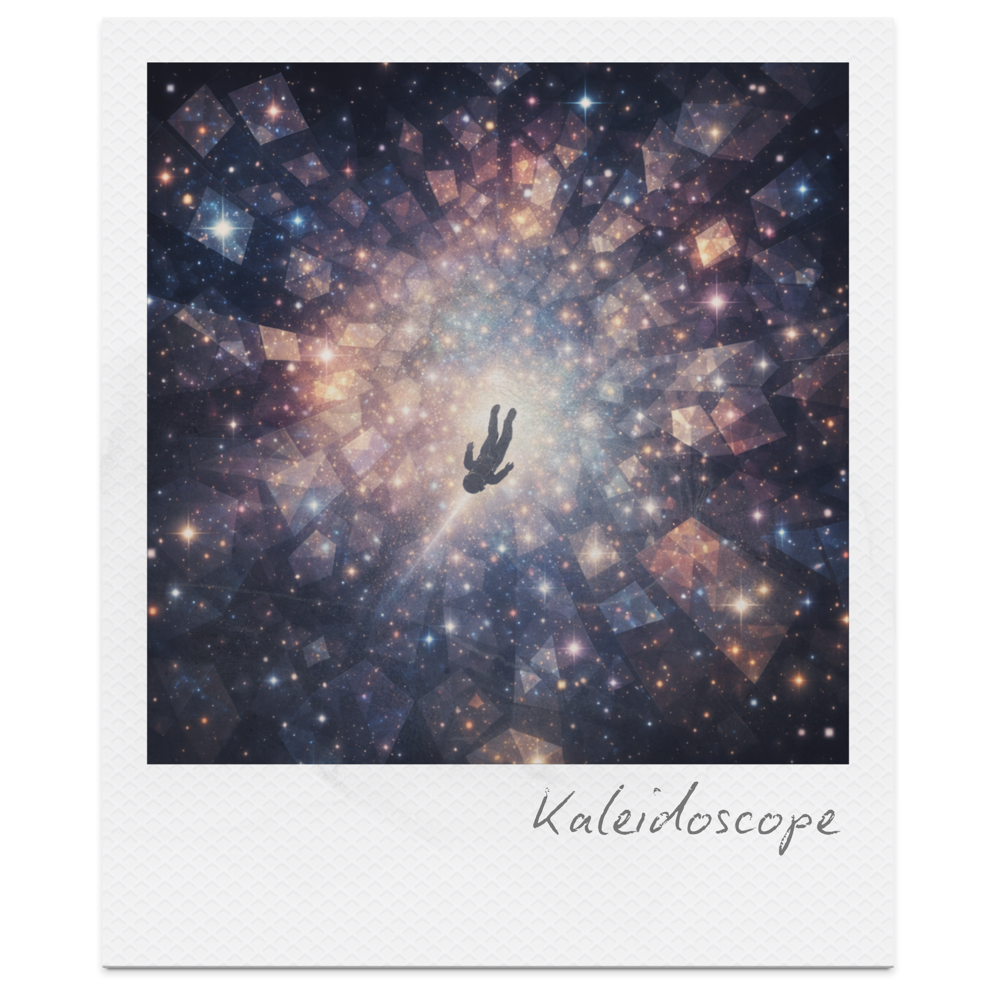 A person floating in space within a colorful, starry galaxy with a kaleidoscope-like pattern and the word 'Kaleidoscope' written on the bottom right.