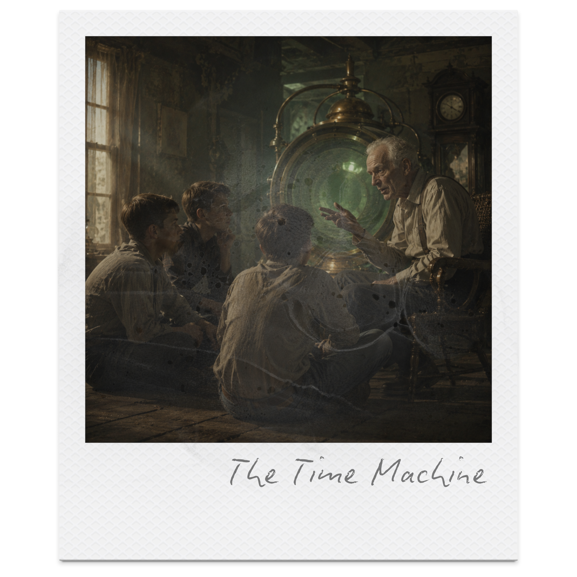 A scene from the movie 'The Time Machine' depicting an elderly man explaining to a group of young people in an old, dimly lit room with antique furniture and a large clock in the background.