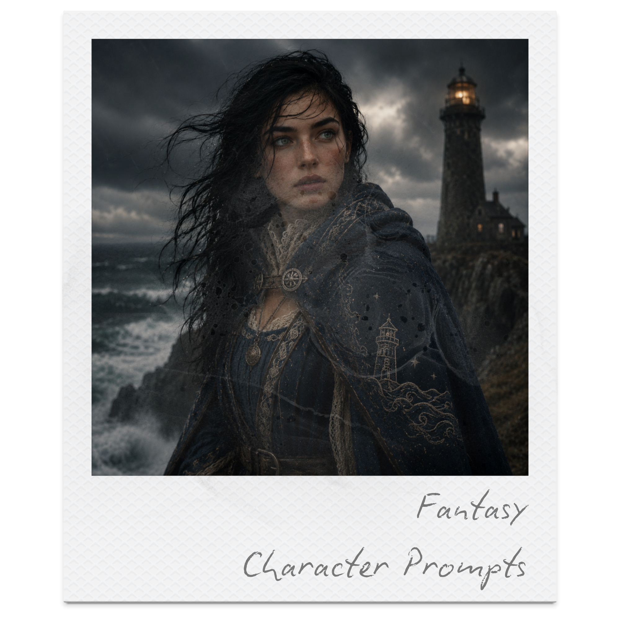 A woman with long dark wet hair stands outdoors near the ocean in stormy weather, with a lighthouse in the background, wearing a dark coat. The image has a dark and moody atmosphere.