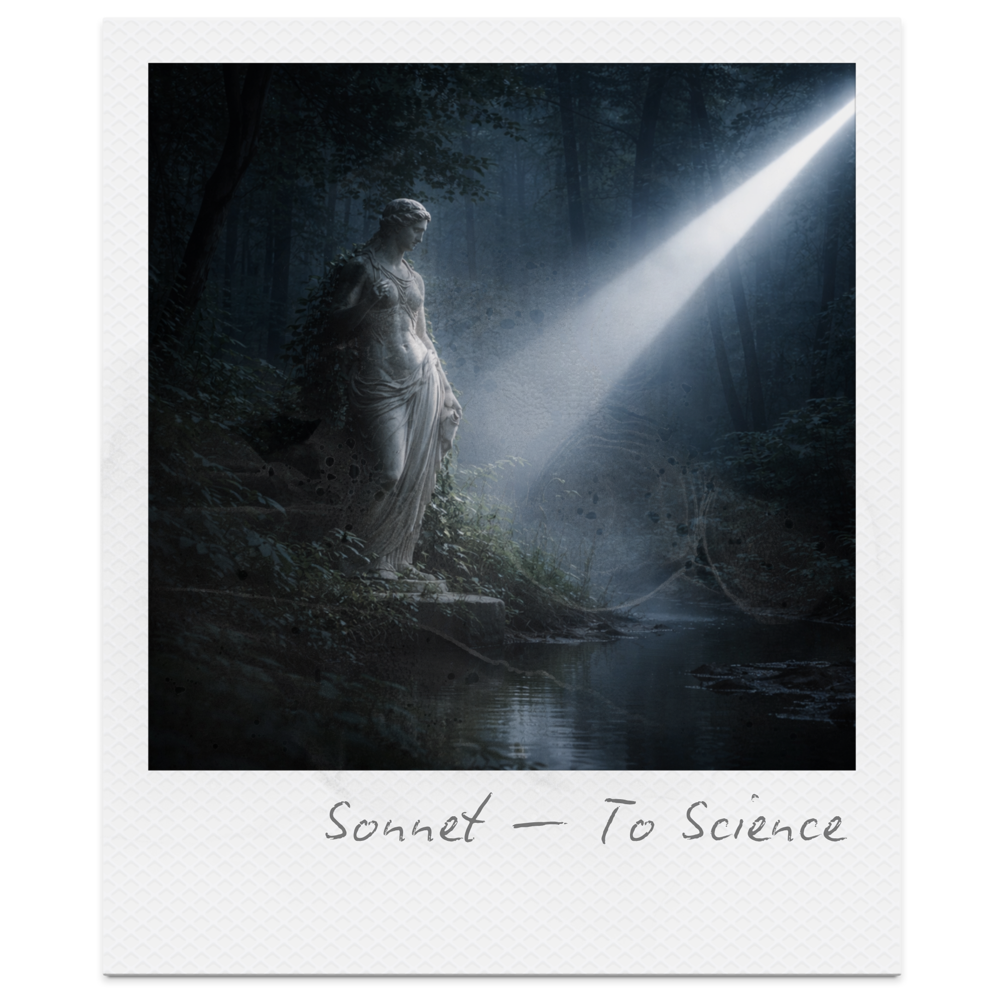 A stone statue of a woman standing by a river in a dark forest, illuminated by a narrow beam of light from above, with trees and foliage surrounding the scene.