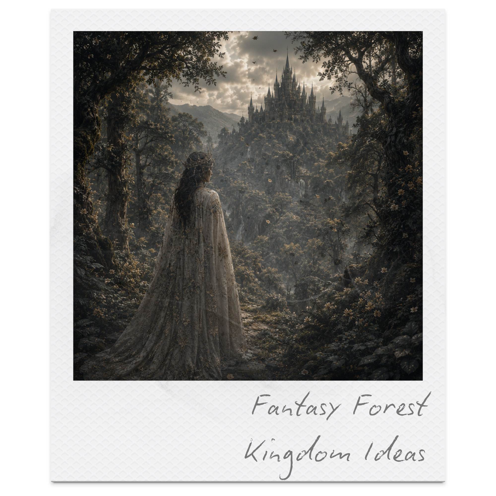 A fantasy scene of a young woman with long hair and a crown standing in a lush forest, gazing at a castle in the distance, with the text 'Fantasy Forest Kingdom Ideas' underneath.