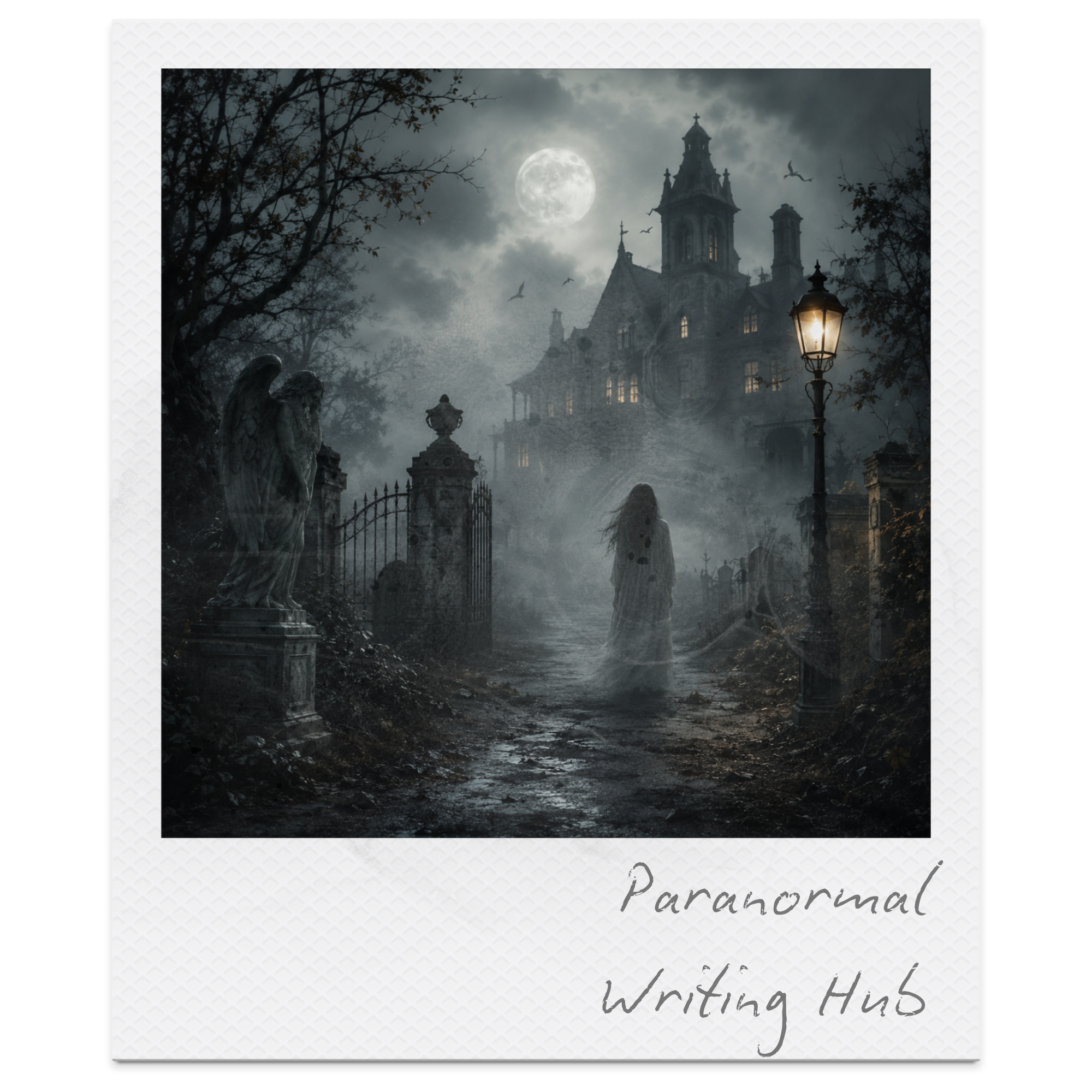 A dark, eerie scene of a haunted mansion with a full moon illuminating the cloudy sky, leafless trees, birds flying, stone statues, and an old-fashioned streetlamp in the foreground, creating a spooky atmosphere.