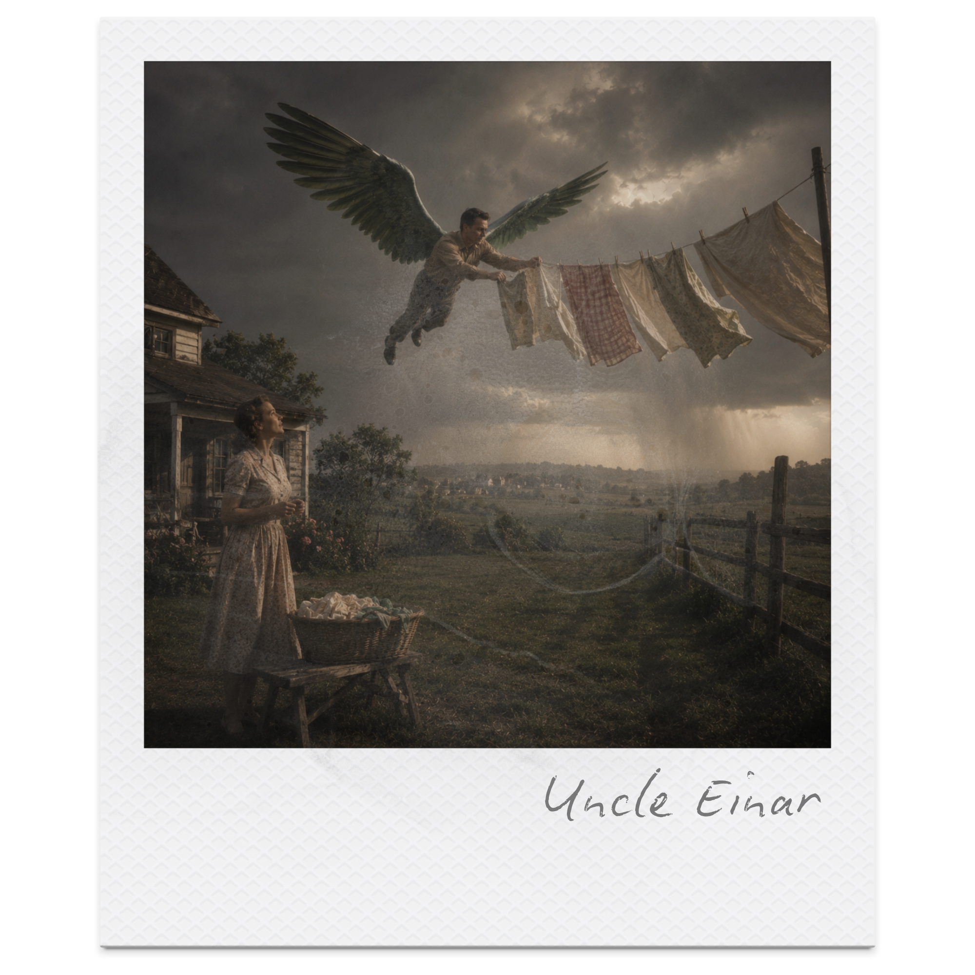 A vintage illustration of a man with eagle wings hanging laundry on a clothesline with two women in a rural setting at sunset.
