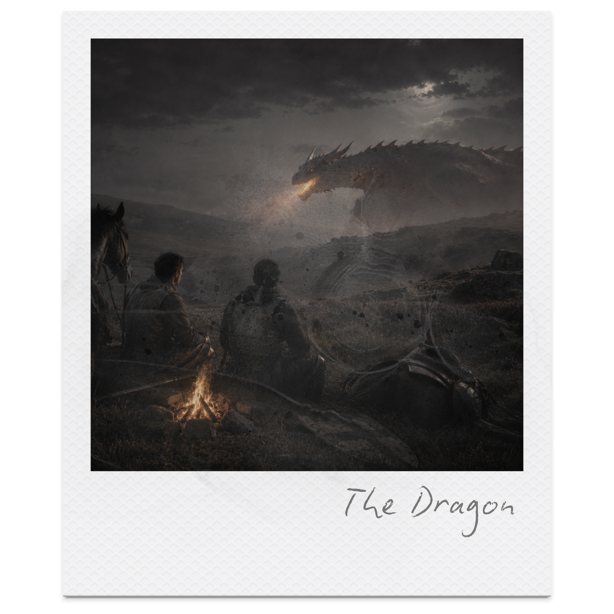 A movie poster for the film 'The Dragon' features a dark, stormy sky with a large, menacing dragon breathing fire over a group of people sitting around a campfire on a rocky landscape.
