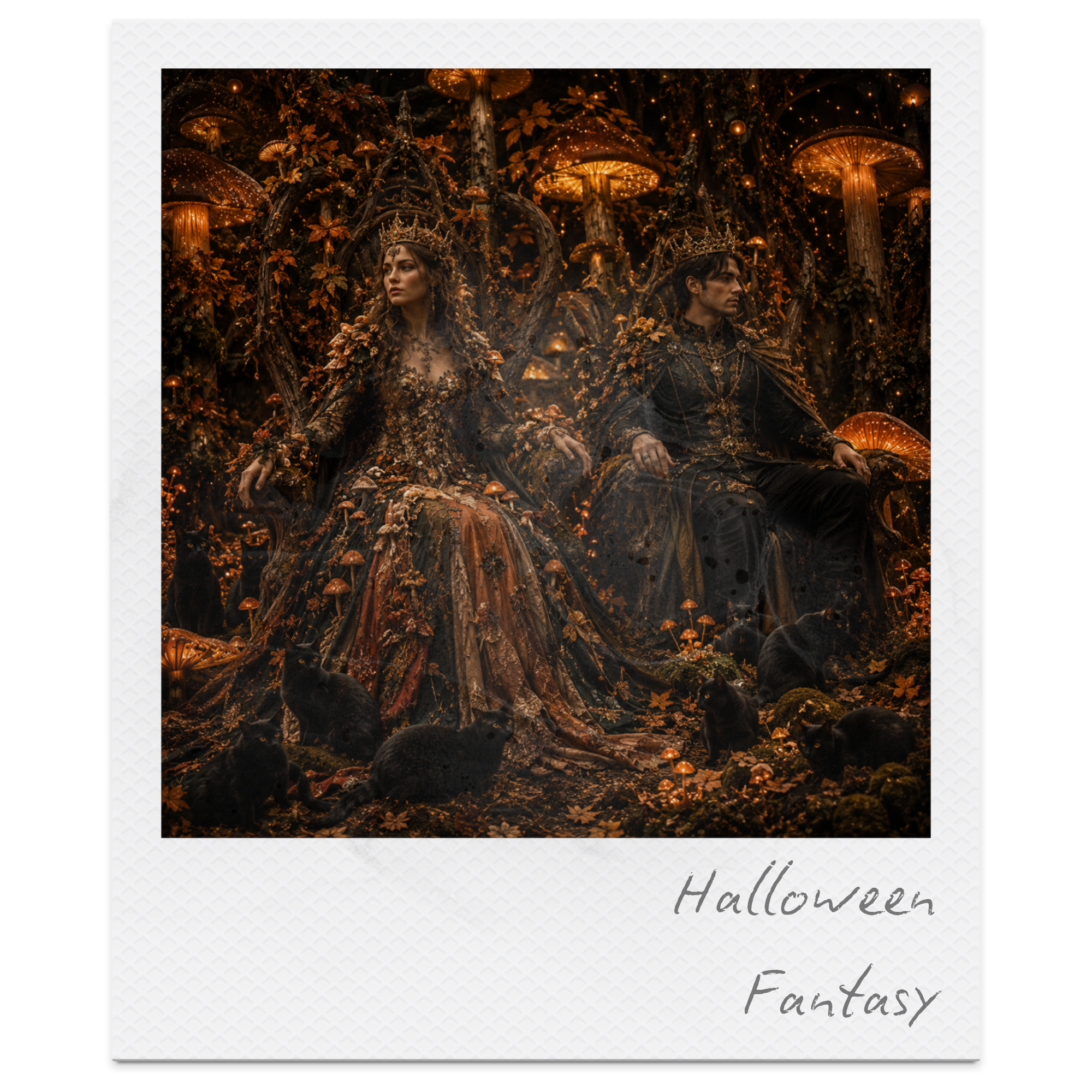Polaroid-style Halloween greeting card with an illustration of a fantasy scene featuring a woman and a man wearing crowns, surrounded by glowing mushrooms, leaves, and forest elements in warm tones.