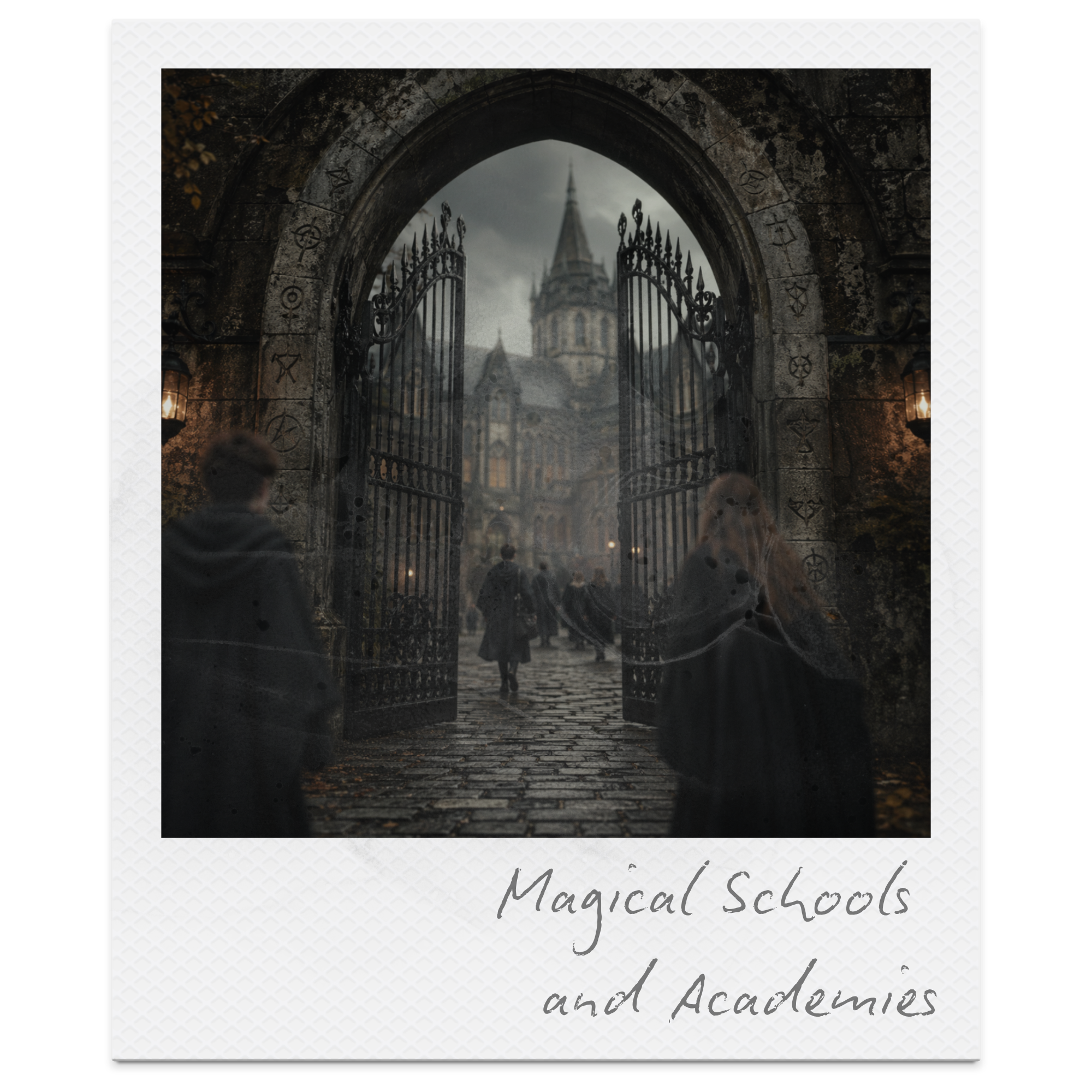 A gothic archway with iron gates leading to a courtyard, with a cathedral in the background and old lanterns on either side. The photo has a moody, atmospheric tone.