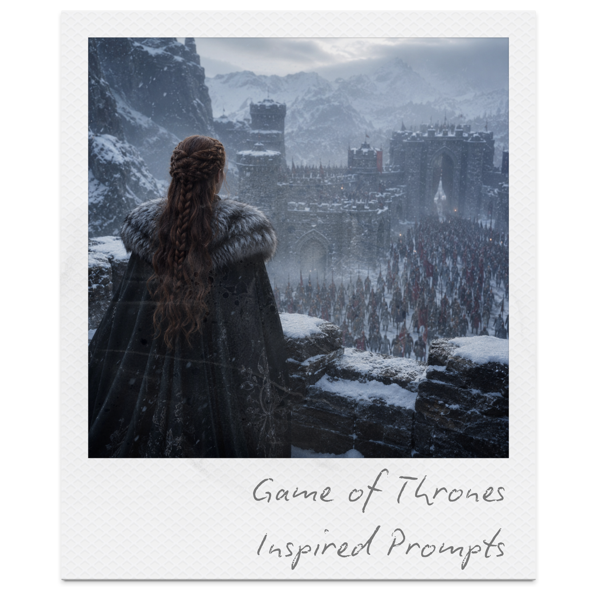A snowy medieval castle on a mountain with a woman with braided hair in the foreground, looking at the castle, during snowfall.