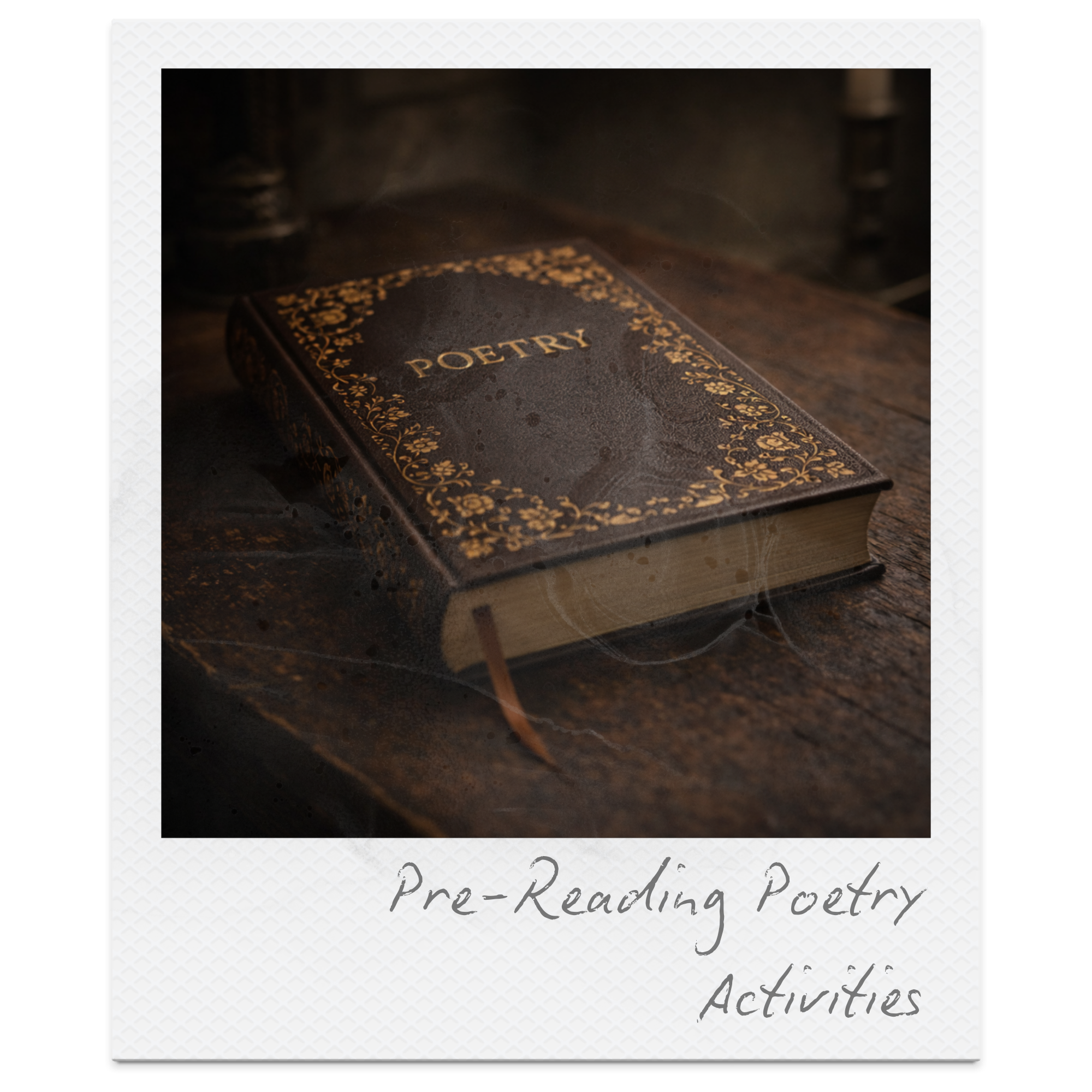 An old, dark-colored poetry book with gold decorative borders on a wooden surface.
