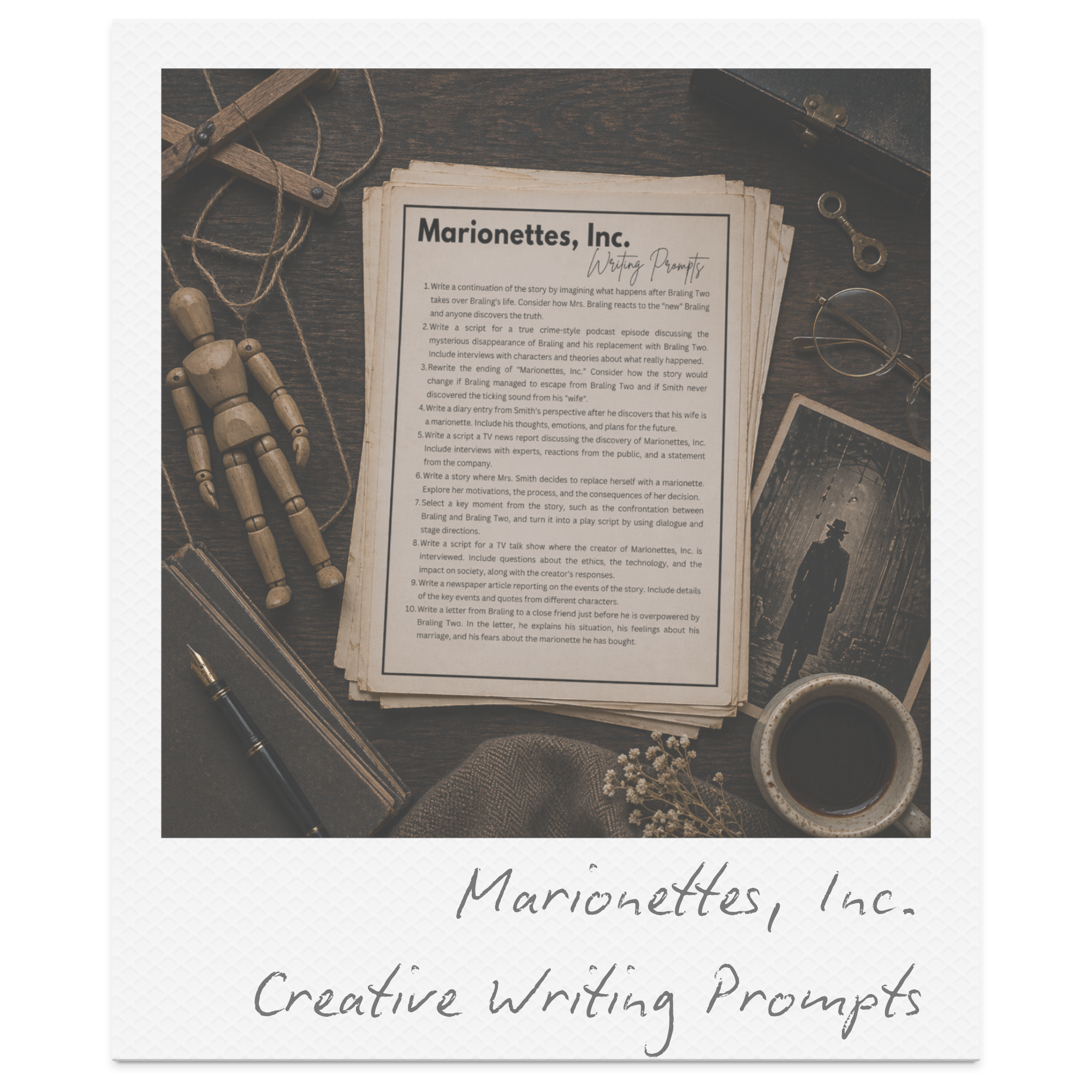 A set of writing prompts for a creative writing class titled 'Marionettes, Inc.' on aged paper, surrounded by vintage items including a wooden mannequin, an ink bottle, a fountain pen, round glasses, a key, and a box, all on a wooden surface.