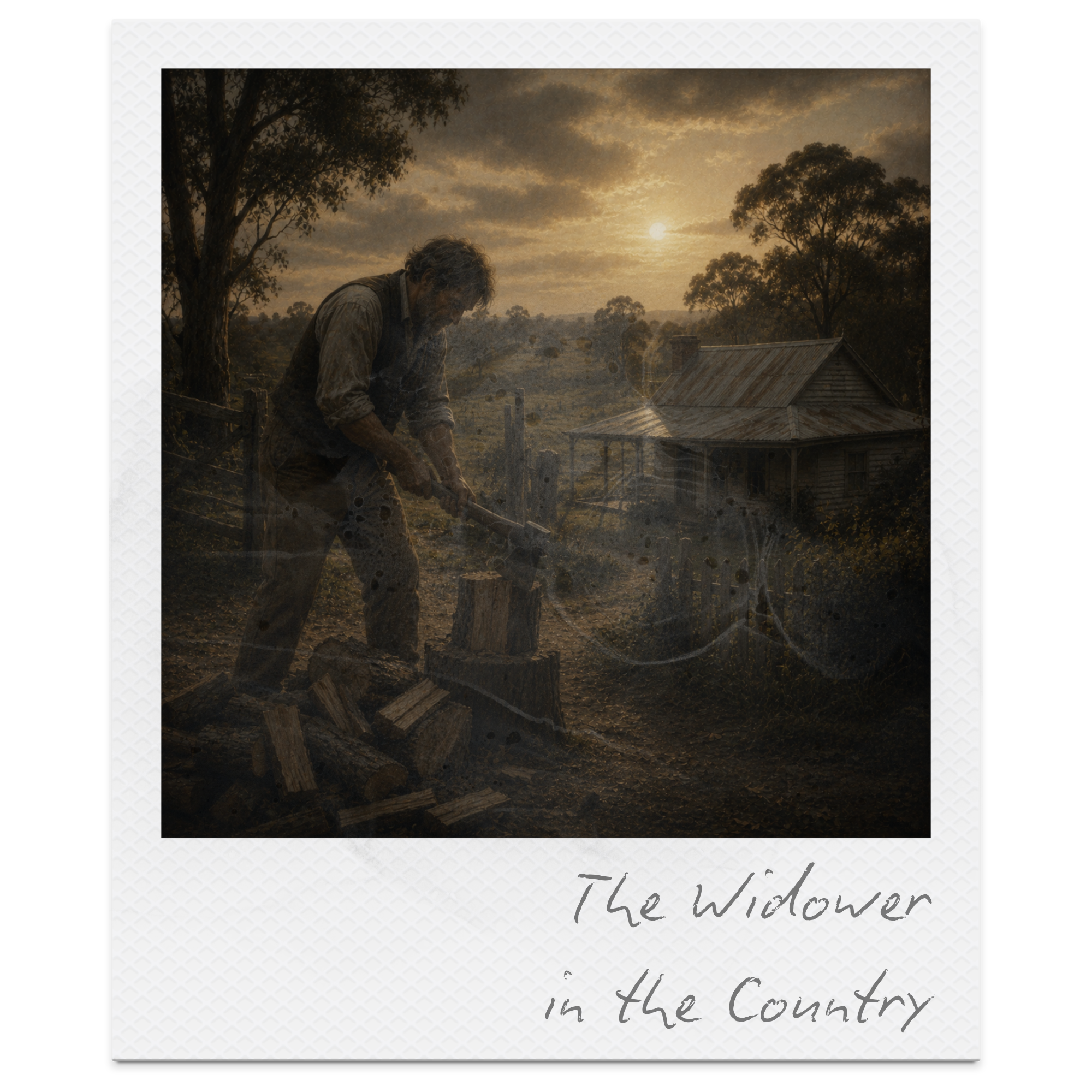 A man working outside on a rural farm property during sunset, with trees and a house in the background, under a cloudy sky.