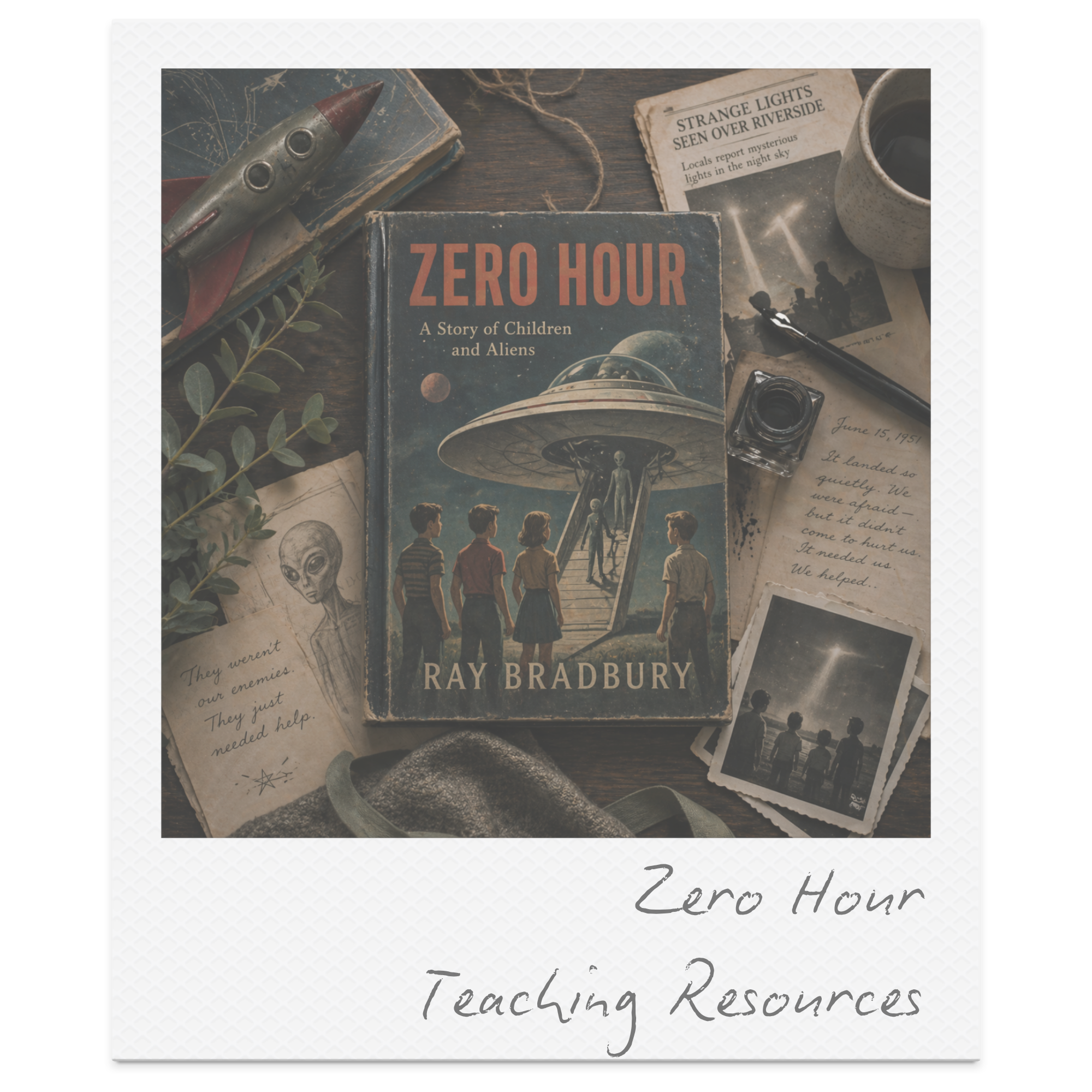 A vintage scene with a rocket model, old books, a folded newspaper about strange lights spotted over Riverside, a cup of coffee, a fountain pen, photographs, and handwritten notes, indicating a nostalgic or space exploration theme.