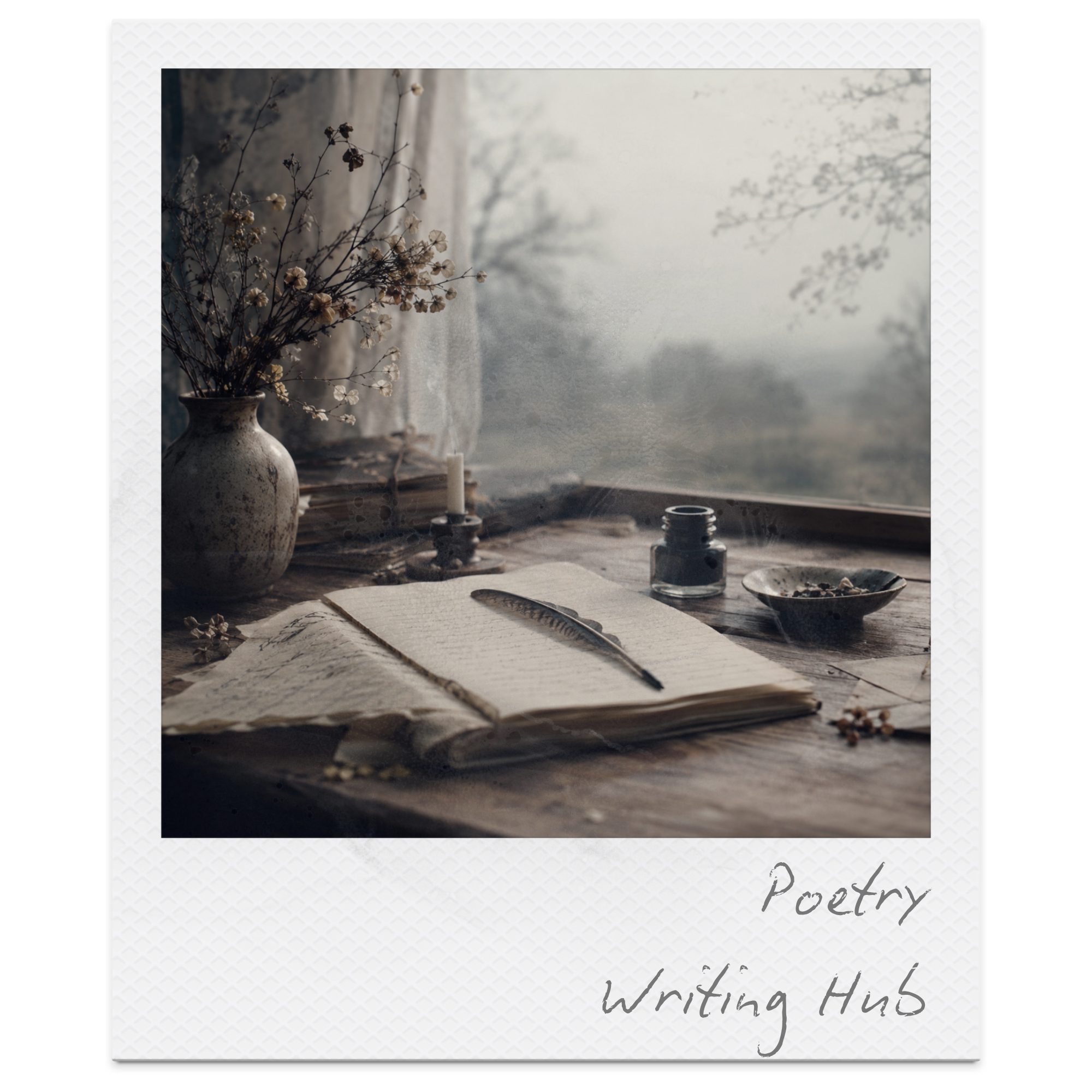 A still life image of a ceramic vase containing dried flowers with delicate petals, placed on a wooden surface near a window with sheer curtains. Several candles and a small jar are also on the table. The scene includes a handwritten notebook and a w