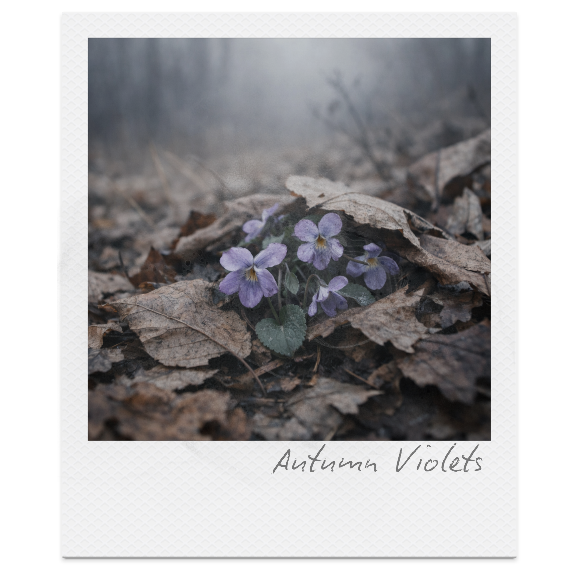 Purple violets growing among fallen dry leaves on the forest floor, labeled 'Autumn Violets.'