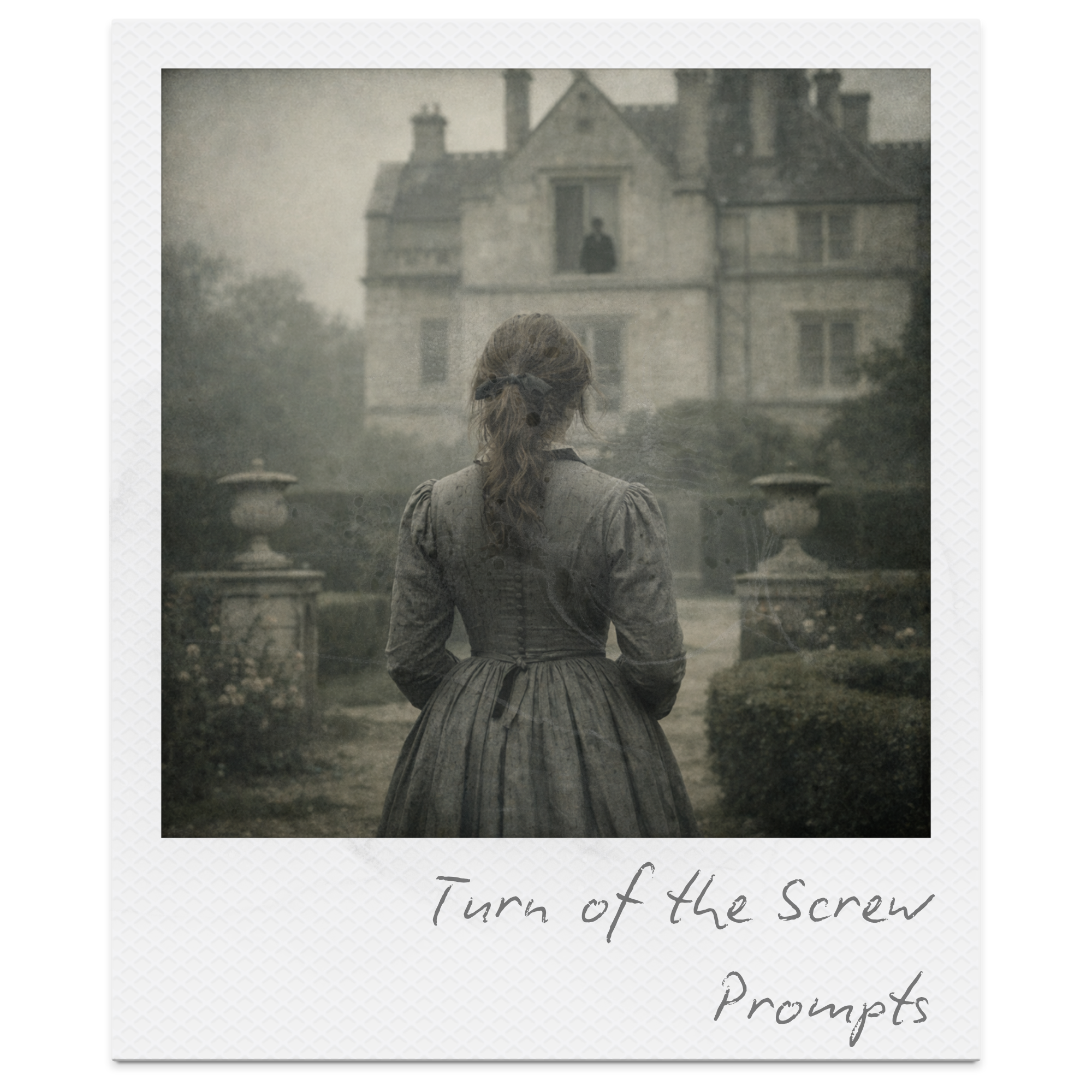 A woman in a historical dress stands outside, facing a large mansion. There is a ghostly image of a man in a window, with the text 'Turn of the Screw Prompts' below