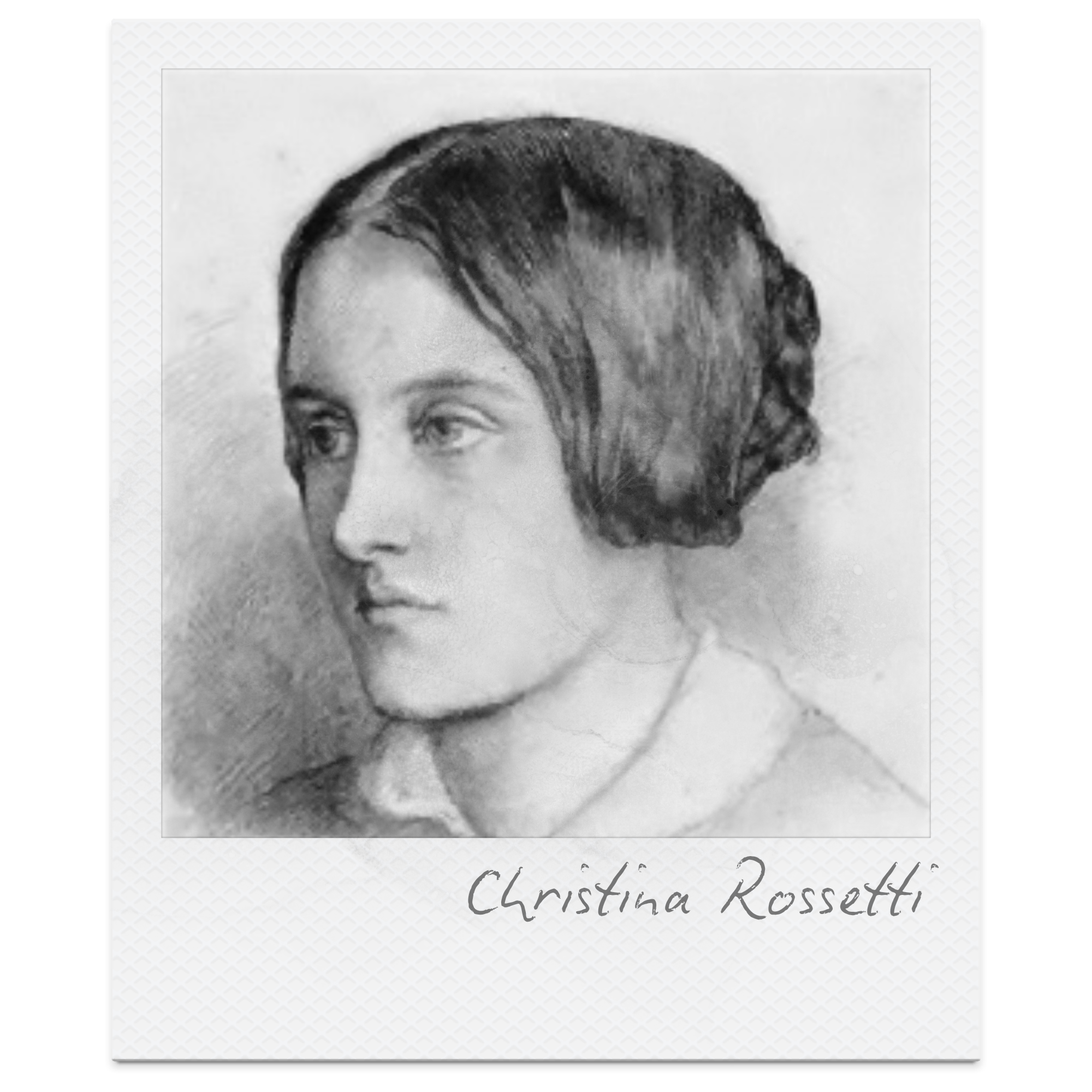 A black and white portrait photograph of a woman with her hair styled in a vintage updo. Below the photo, the name 'Christina Rossetti' is written in cursive.
