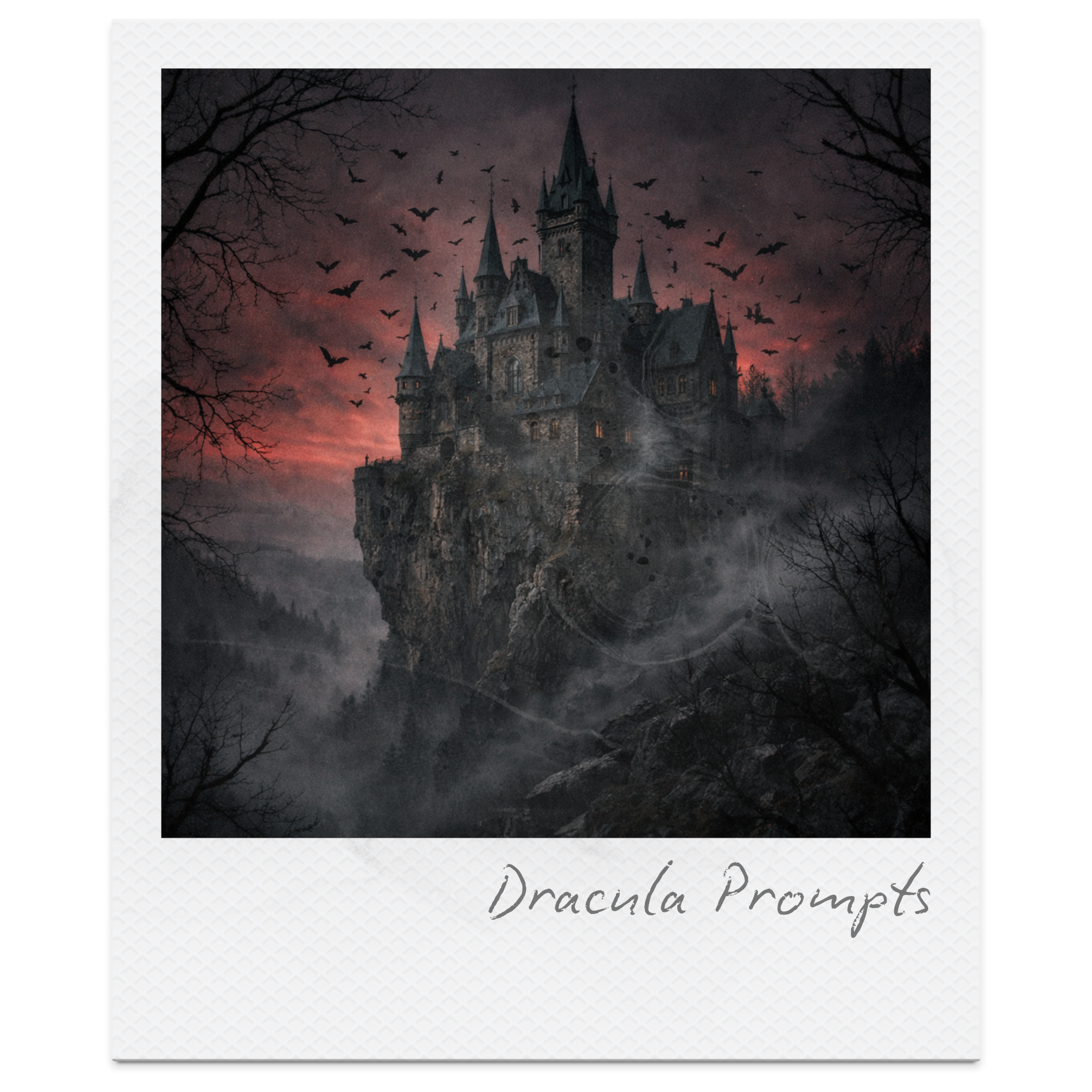 A dark, gothic castle on a rocky cliff, surrounded by fog and leafless trees, with a red and purple sky filled with bats and clouds.