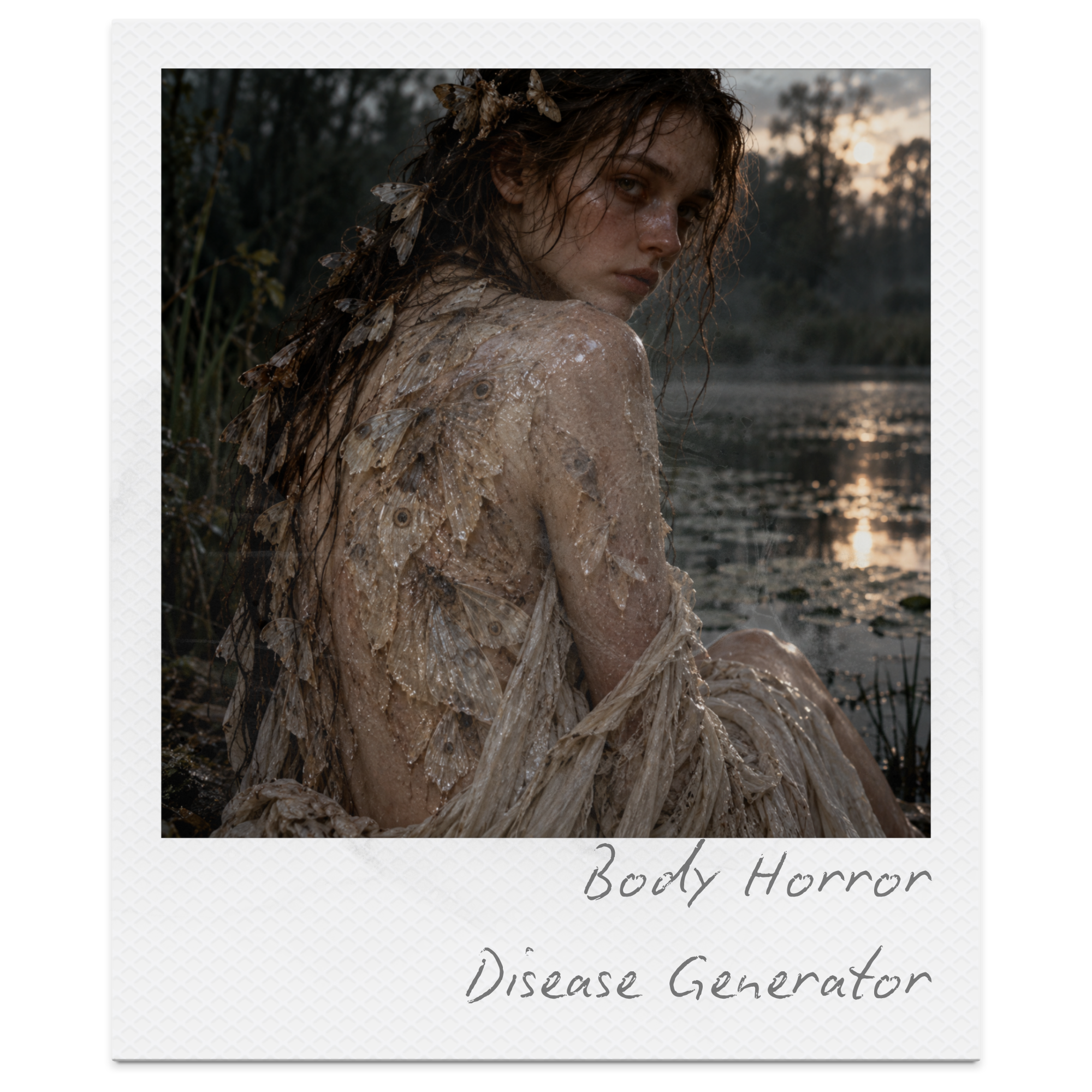 A woman covered in mud, with butterflies on her hair and shoulder, outdoors at sunset over a river.
