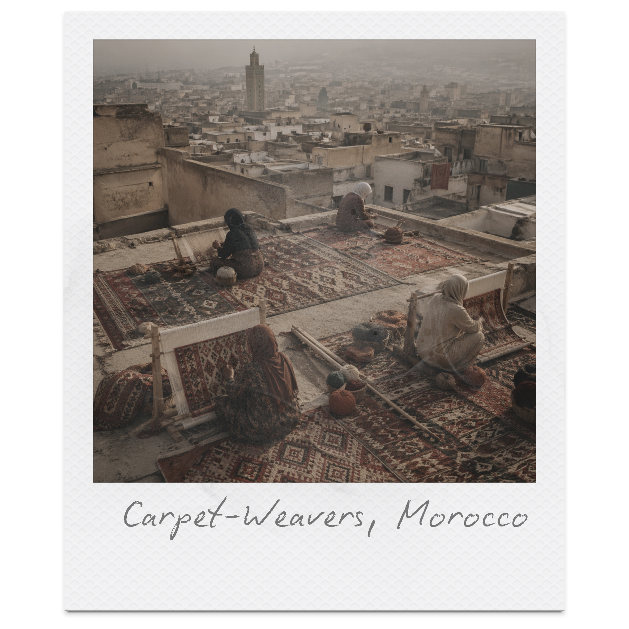 Photo of people sitting on Persian rugs on the rooftops of buildings in Morocco, with a cityscape and the minaret of a mosque in the background.