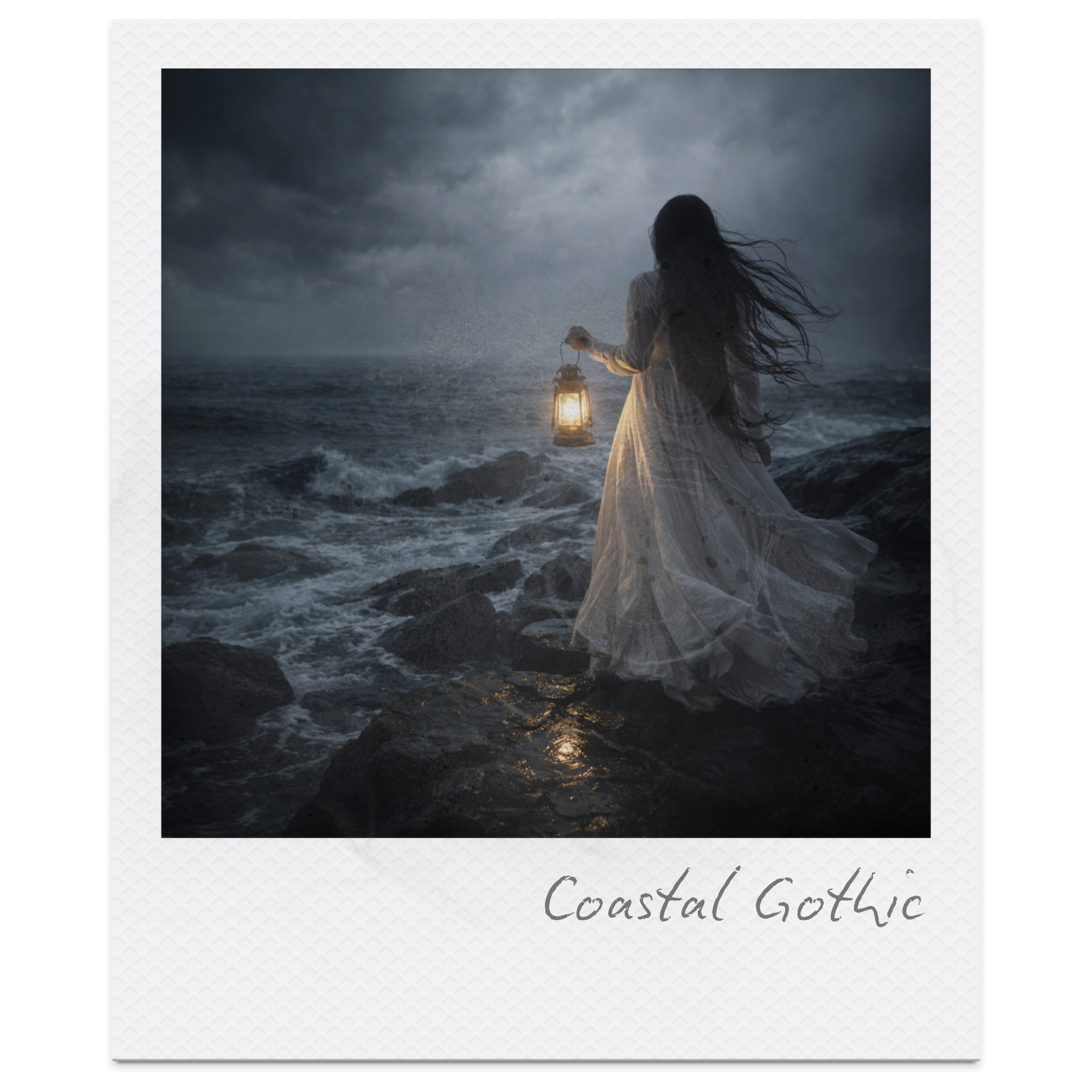 A woman in a long white dress holding a lantern walks along rocks on a stormy beach at night with dark clouds overhead.