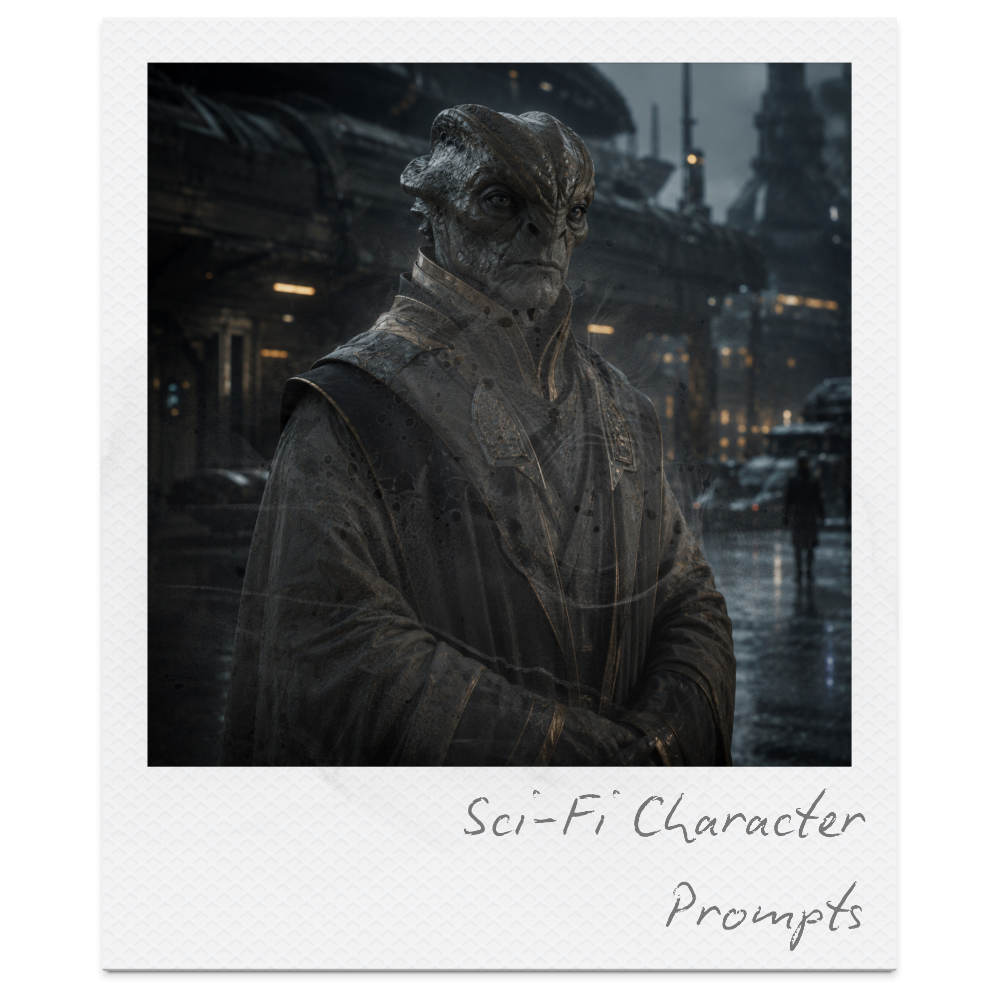A futuristic alien character with a textured, armor-like face and a serious expression stands in a sci-fi cityscape, with tall structures and dark clouds in the background.
