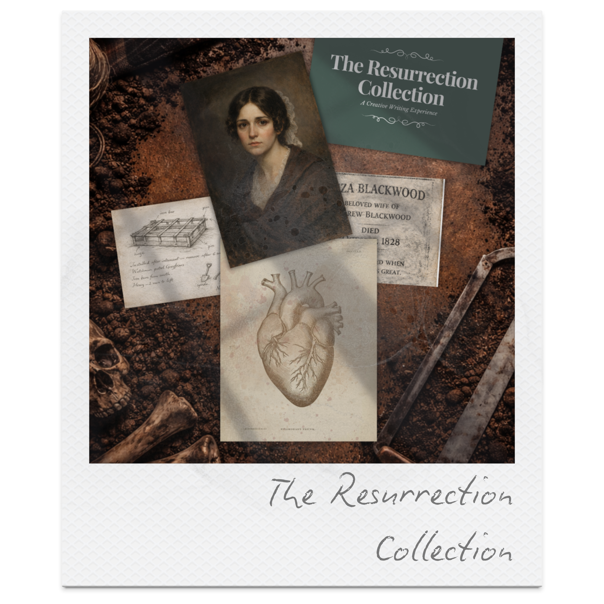 A collection of vintage medical and anatomical illustrations and photographs, including a realistic portrait of a woman, a drawing of a heart, and old notes, laid out on earthy soil with skeleton bones and rusty tools around them, with a green card d