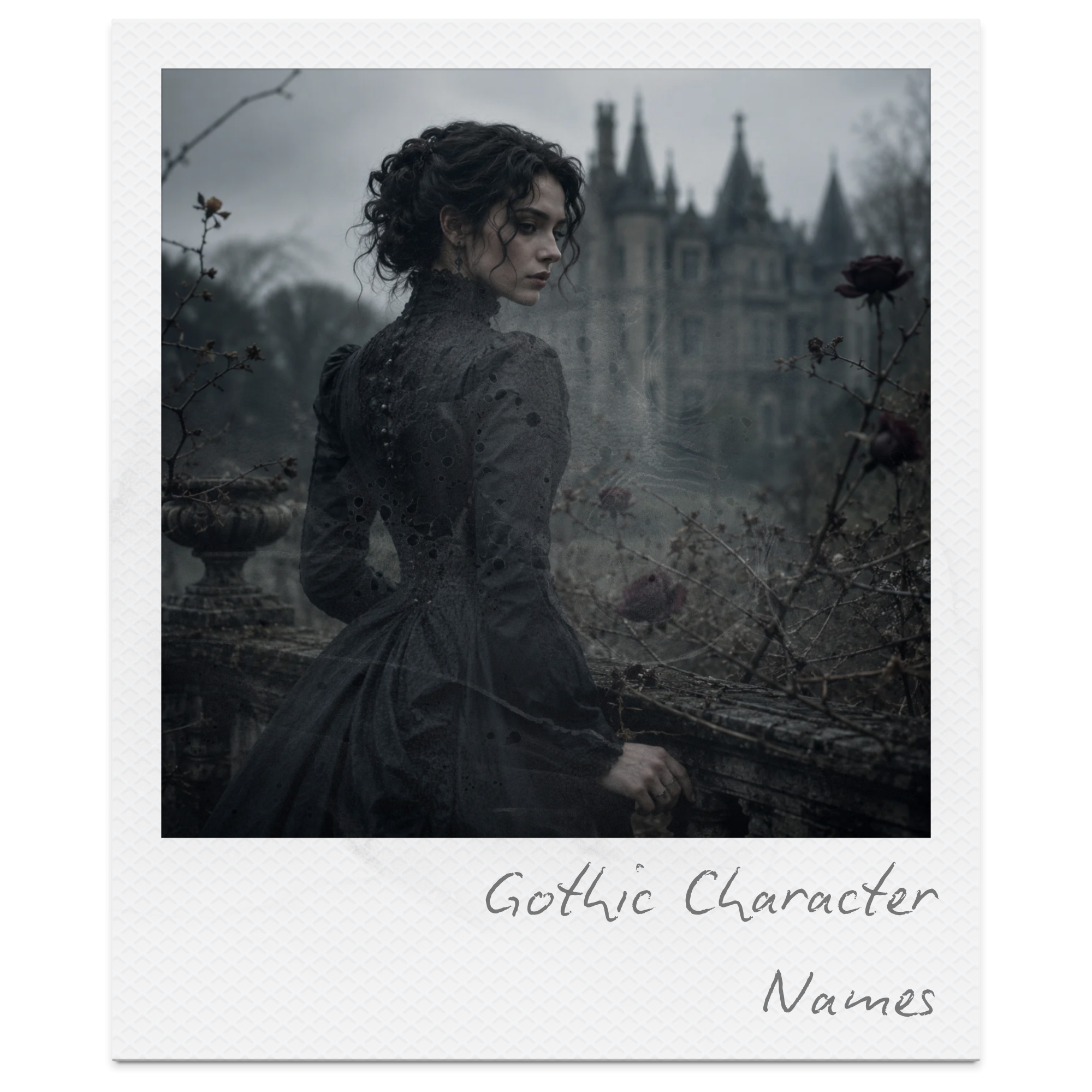 A gothic woman with dark curly hair and dark makeup standing outside in front of a spooky castle with a cloudy sky, holding a dark red rose. The image has a moody, gothic atmosphere.