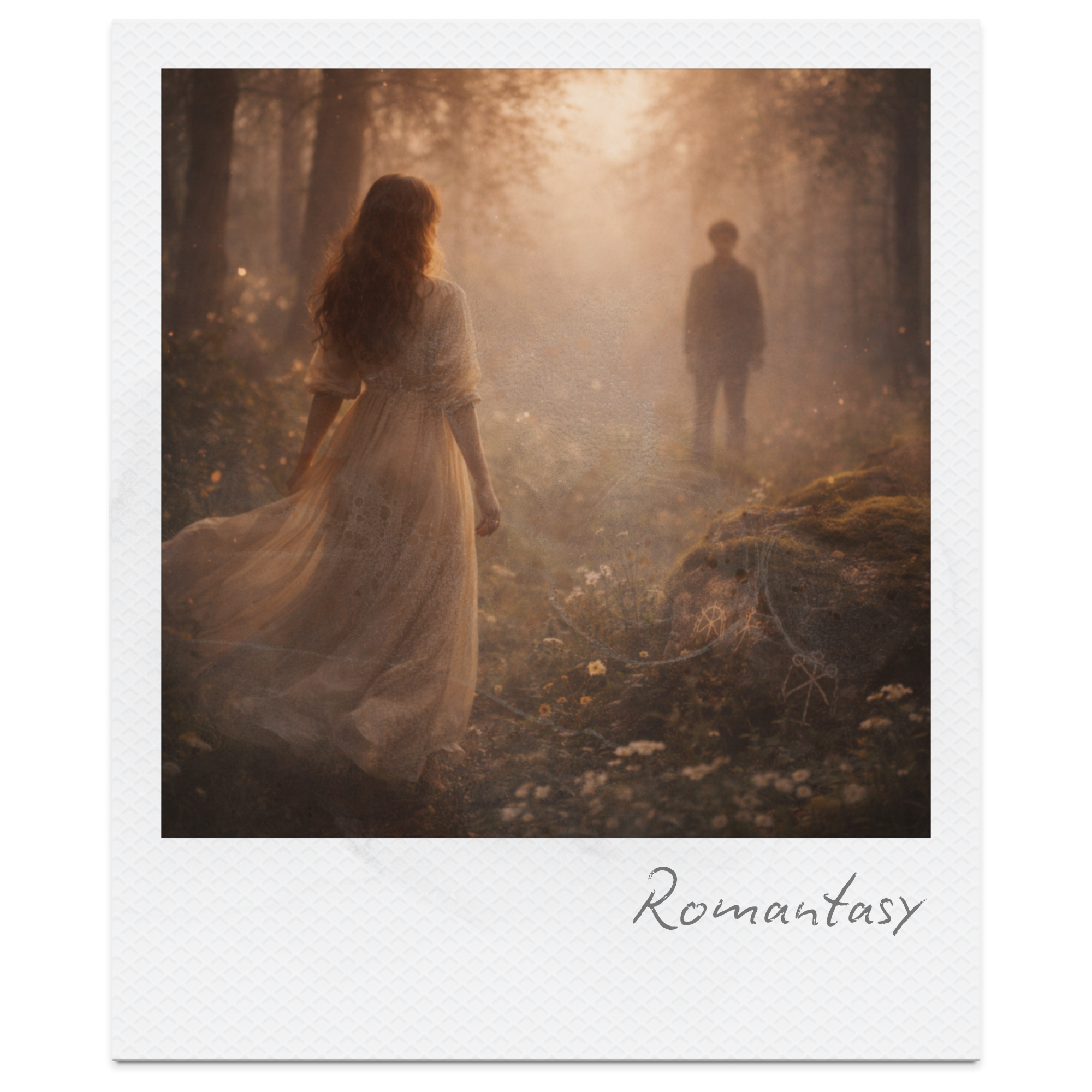 A woman in a flowing dress walking through a forest at sunset, with a man in the background, creating a romantic and dreamy atmosphere.