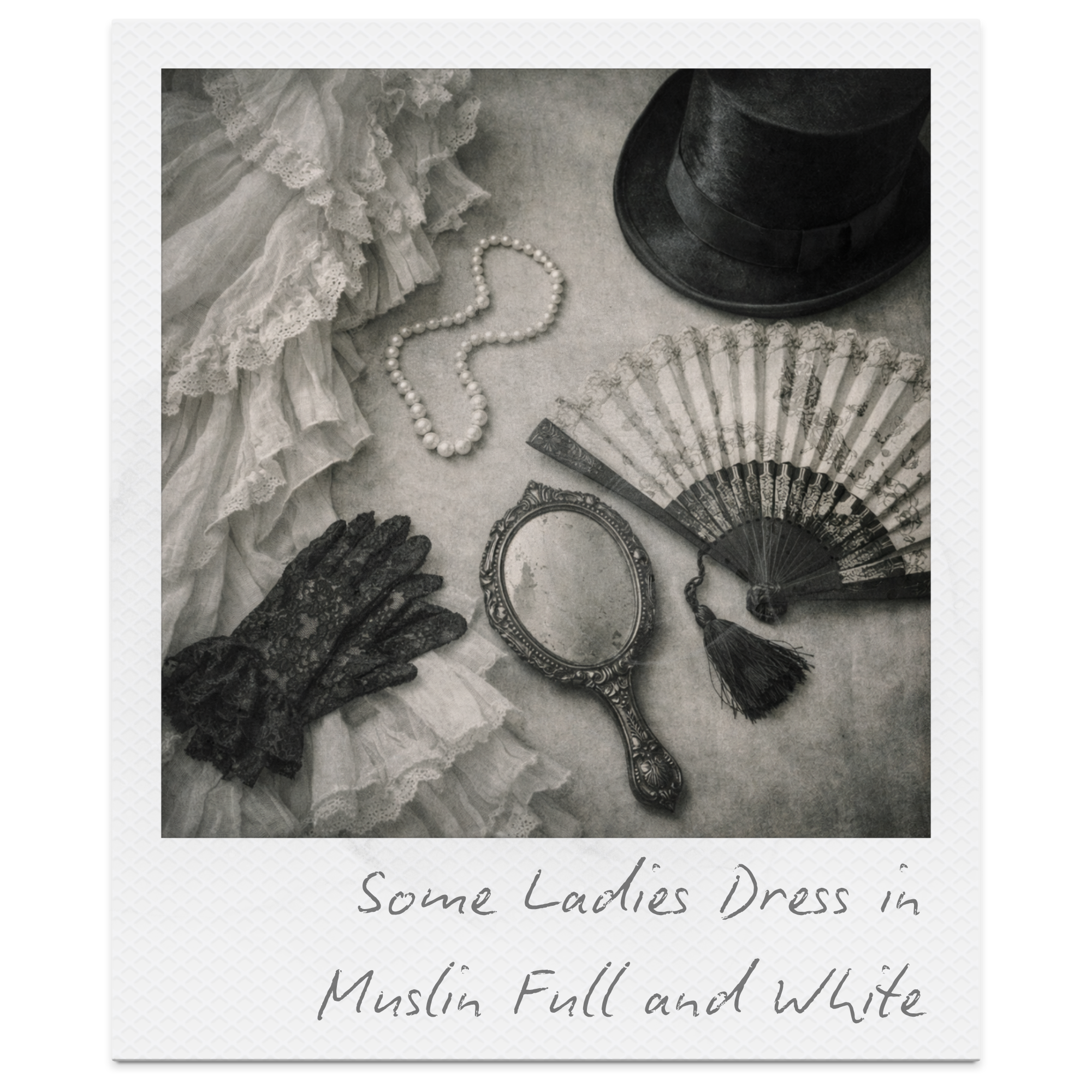 Vintage accessories including a black top hat, lace gloves, a pearl necklace, a hand fan, a small mirror, and a ruffled dress in black and white.