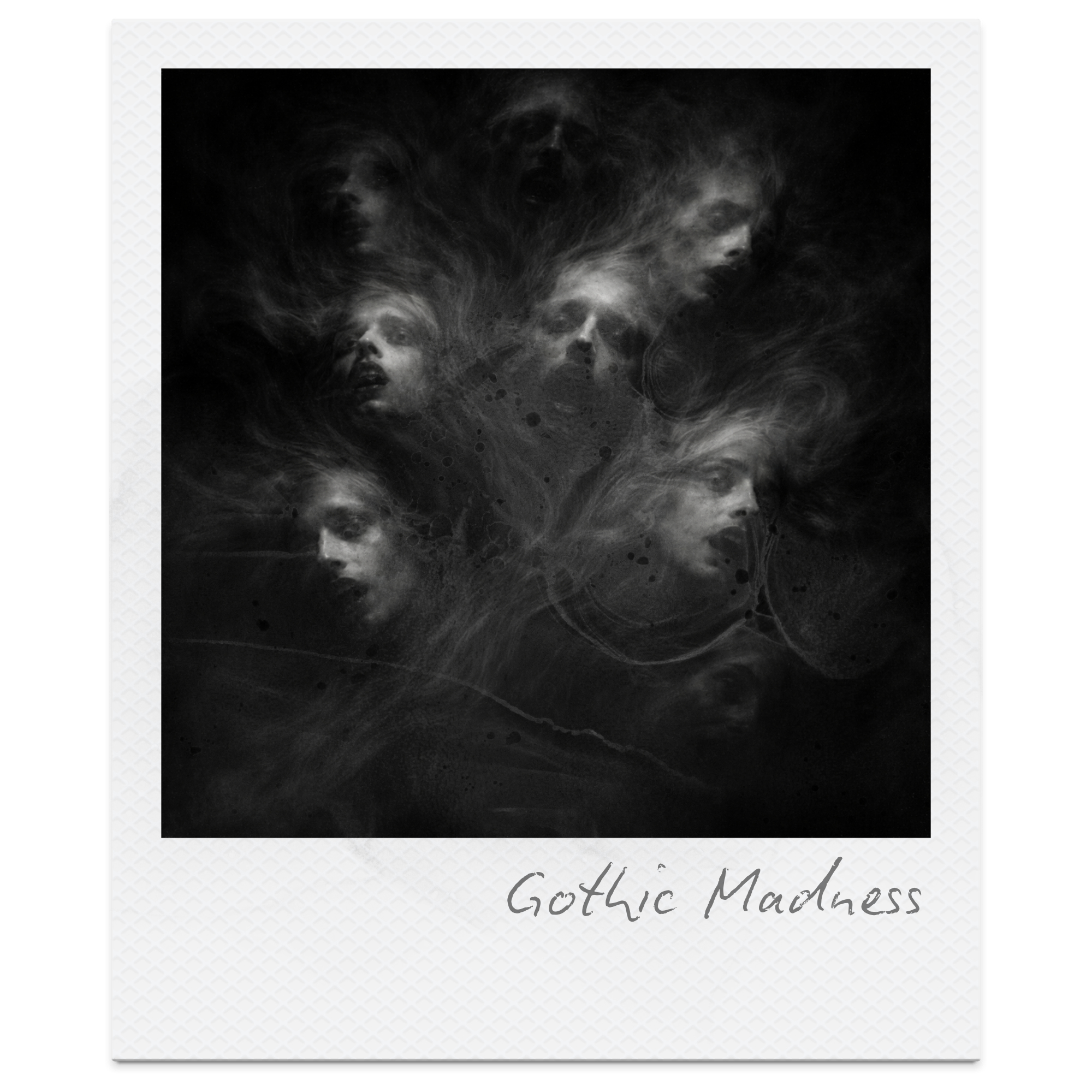 A dark, haunting artwork featuring multiple ghostly female faces with flowing hair emerging from swirling black and gray abstract background, titled 'Gothic Madness'.