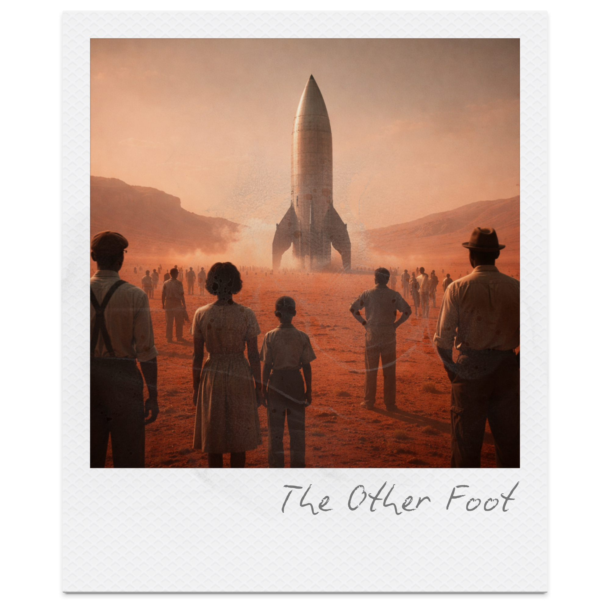 People standing in front of a rocket taking off in a desert landscape during sunset.