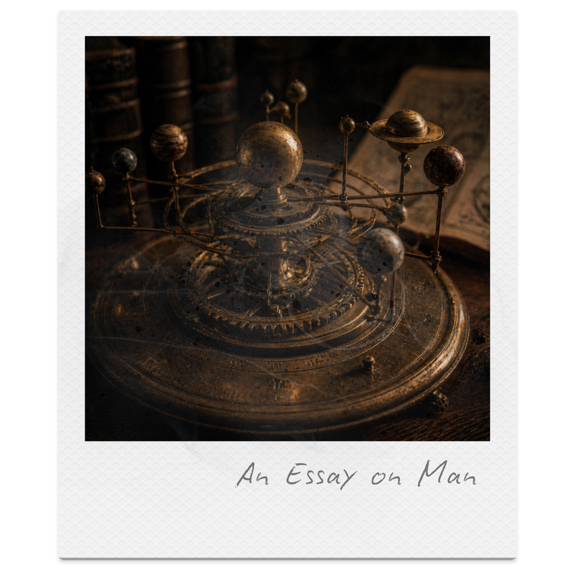 A photo of a vintage, ornate astrological model of the solar system with planets and rings, set against a dark background, with text that says 'An Essay on Man' at the bottom.