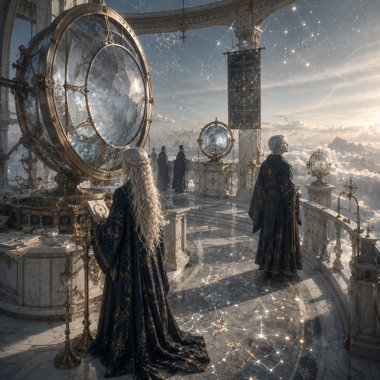 Two astronomers stand within a celestial observatory above the clouds, studying enormous crystal lenses and star charts beneath a luminous sky.