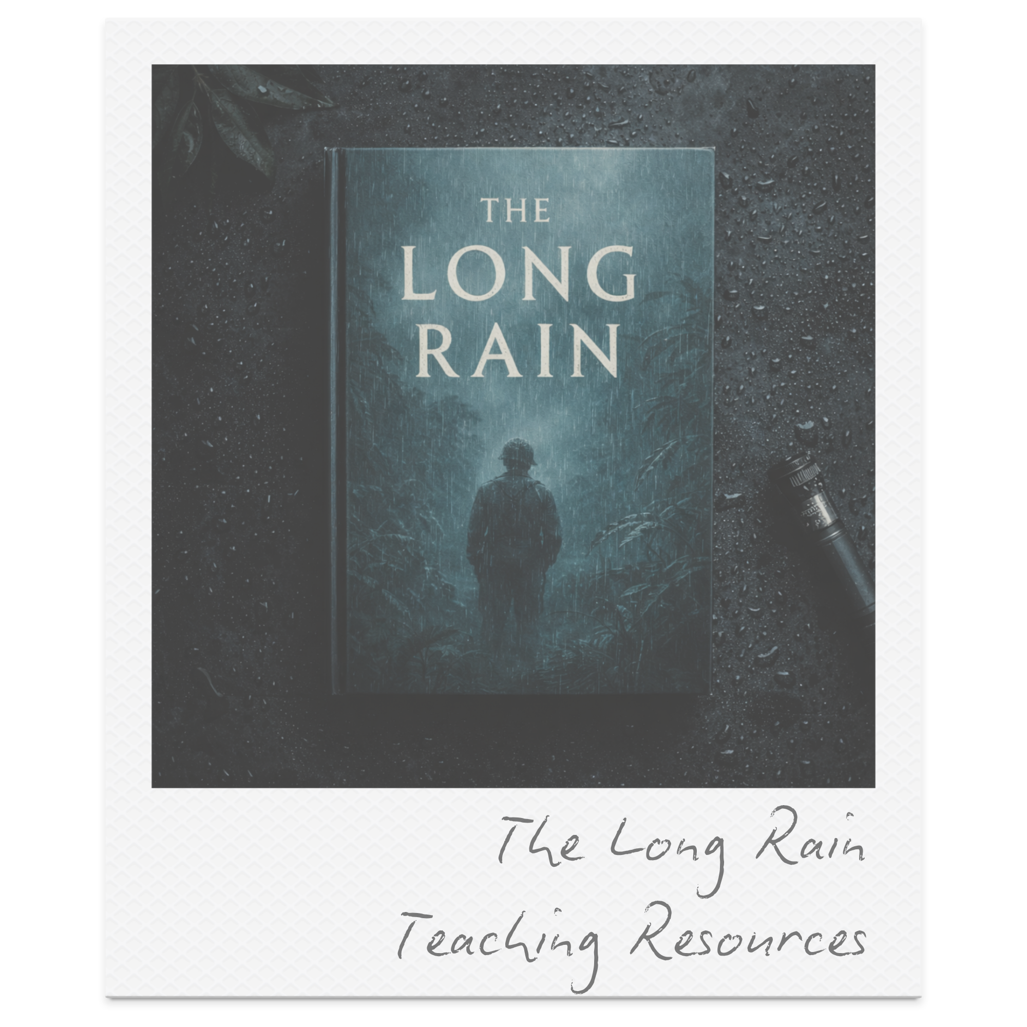 A book titled "The Long Rain" on a rain-soaked surface with raindrops and a small sprig of leaves nearby, partially visible, and a flashlight beside the book. Handwritten text at the bottom mentions learning resources.