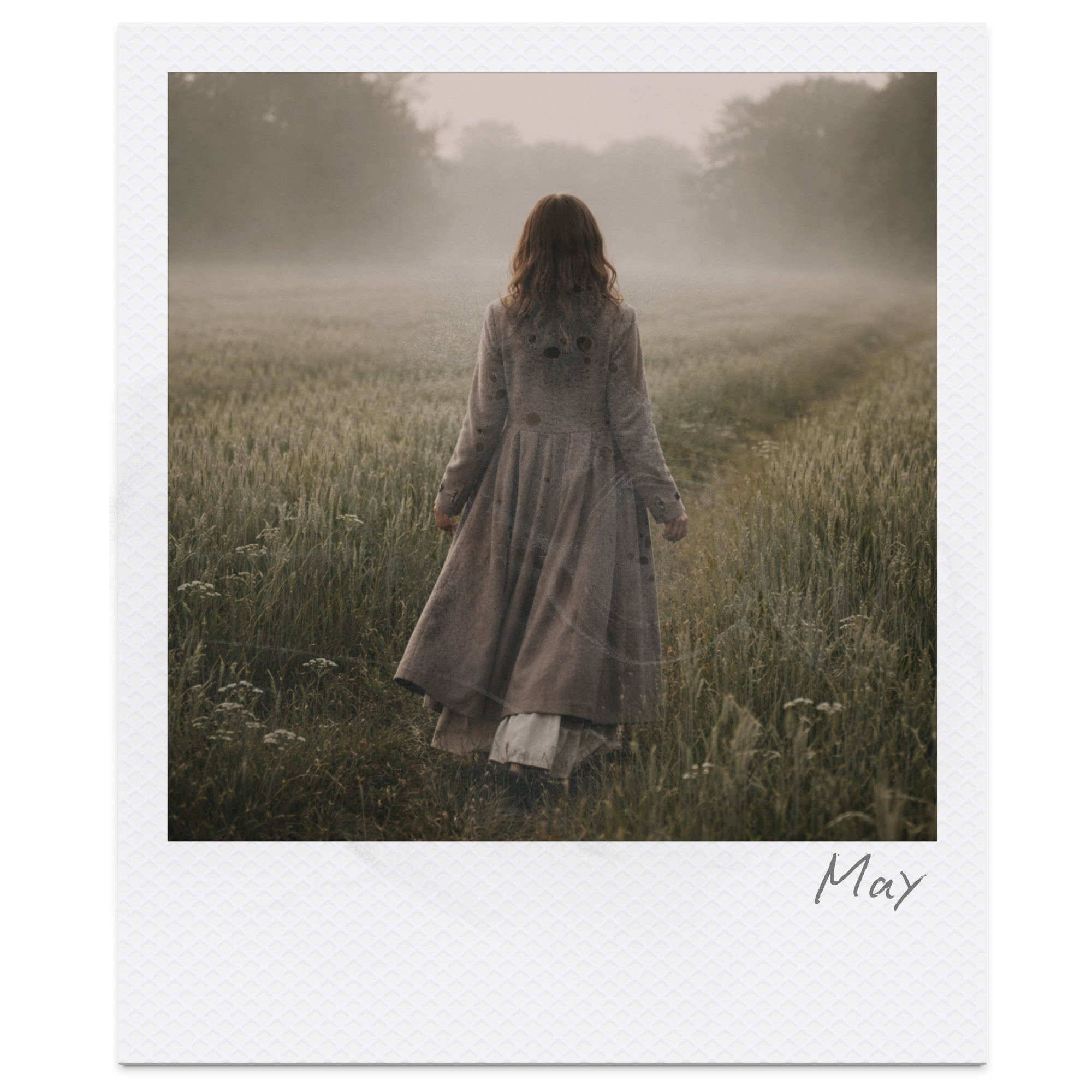 A woman walking away through a grassy field at sunset or sunrise, wearing a long gray coat. The atmosphere is misty and peaceful, with soft natural lighting. The word 'May' is handwritten on the bottom right corner of the photo in a Polaroid-style fr