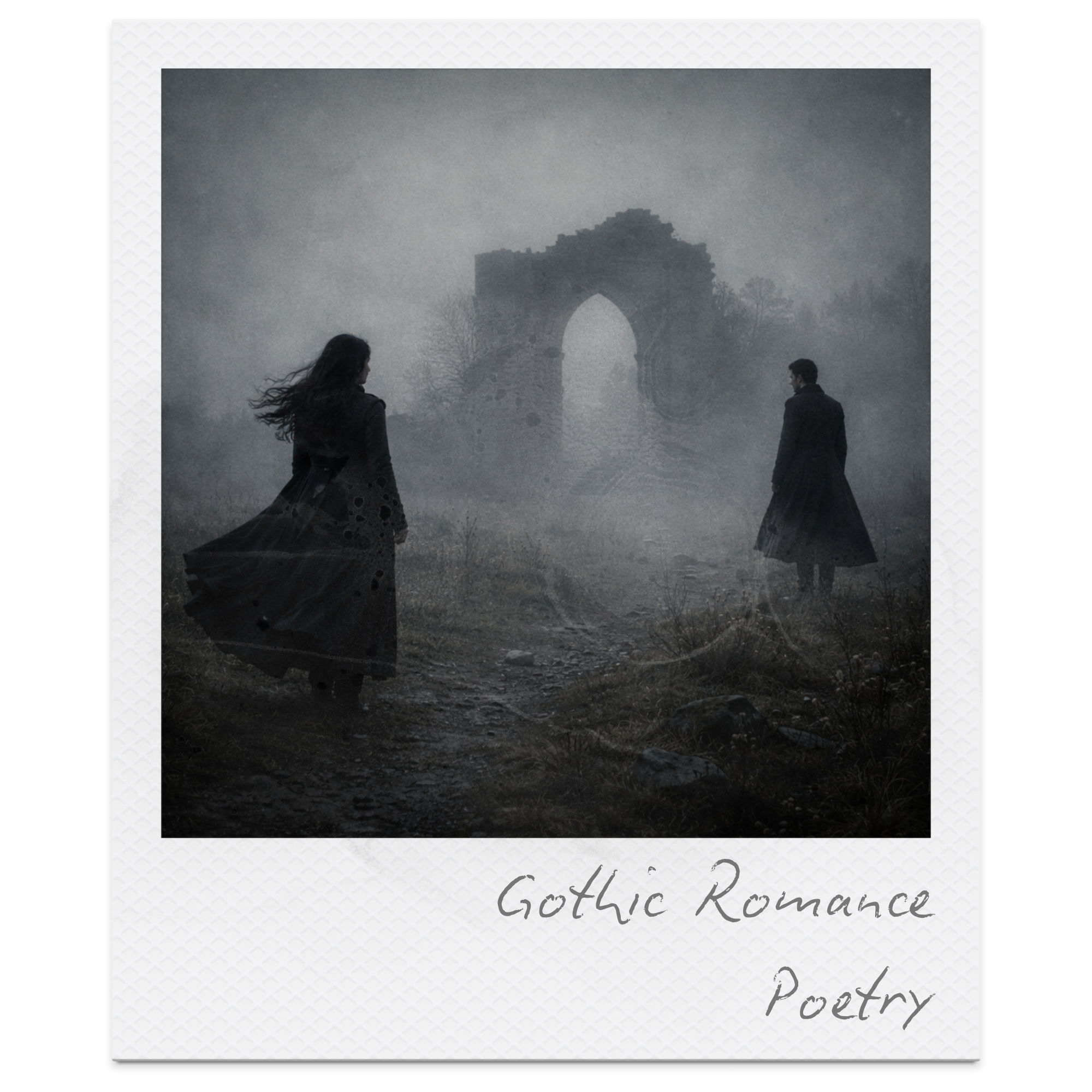 Two women in long dark dresses standing on a foggy dirt path with an ancient stone archway in the background, creating a gothic romantic scene.