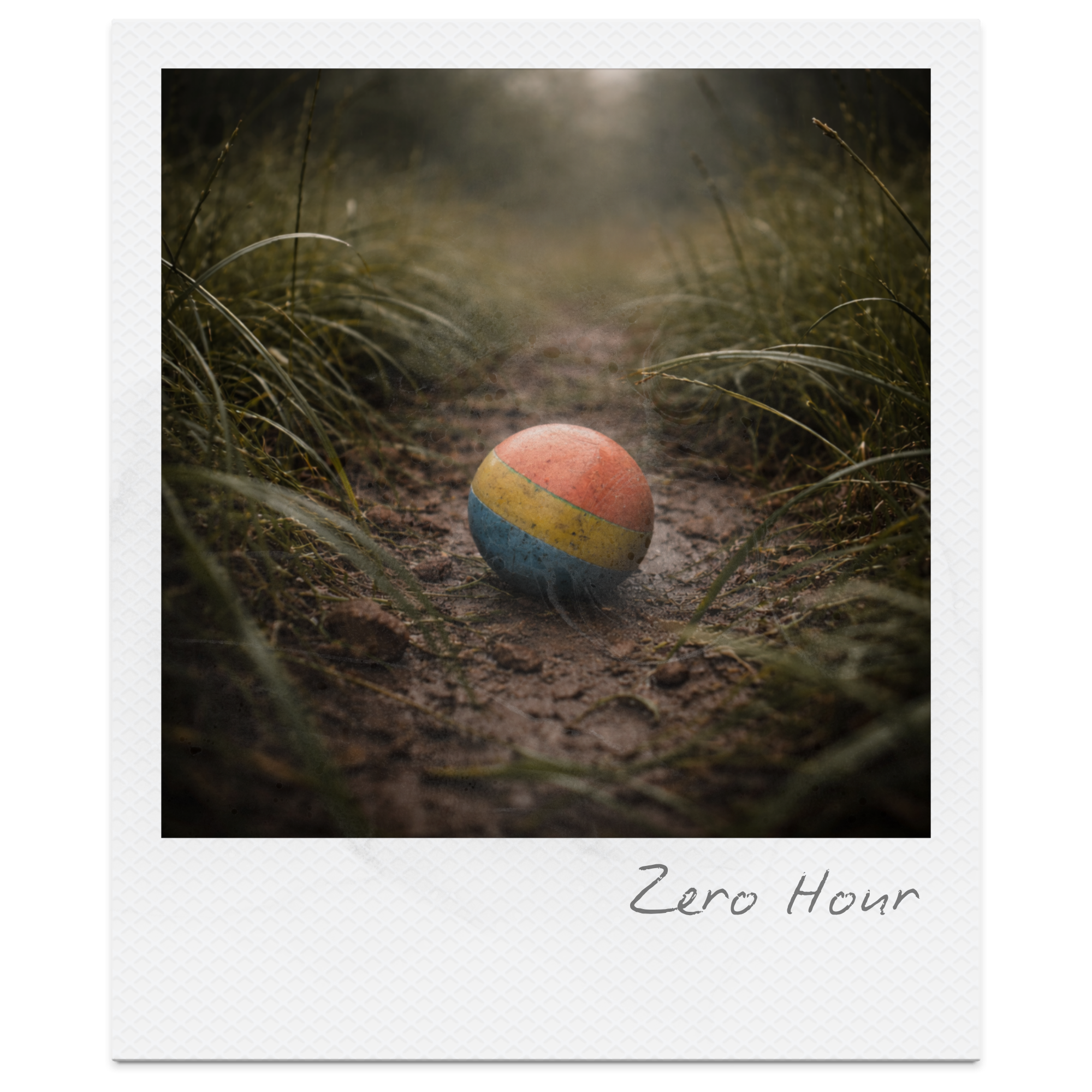 A colorful rubber ball with orange, yellow, blue, and pink stripes on a dirt path surrounded by grass and plants, under a hazy, foggy sky.