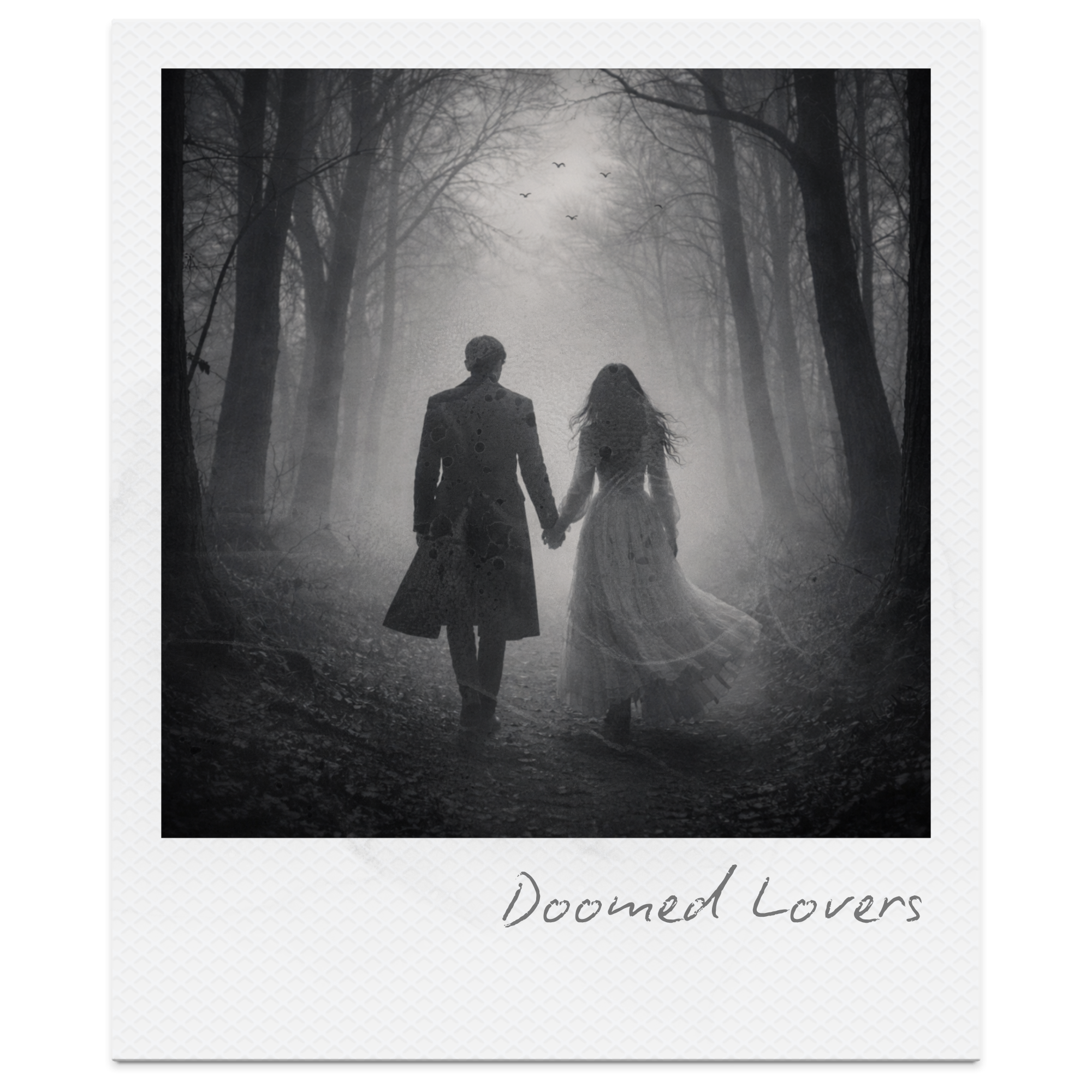 A black and white photo of a man and woman holding hands walking through a foggy, bare-branched forest with birds flying in the sky, labeled as 'Doomed Lovers'.