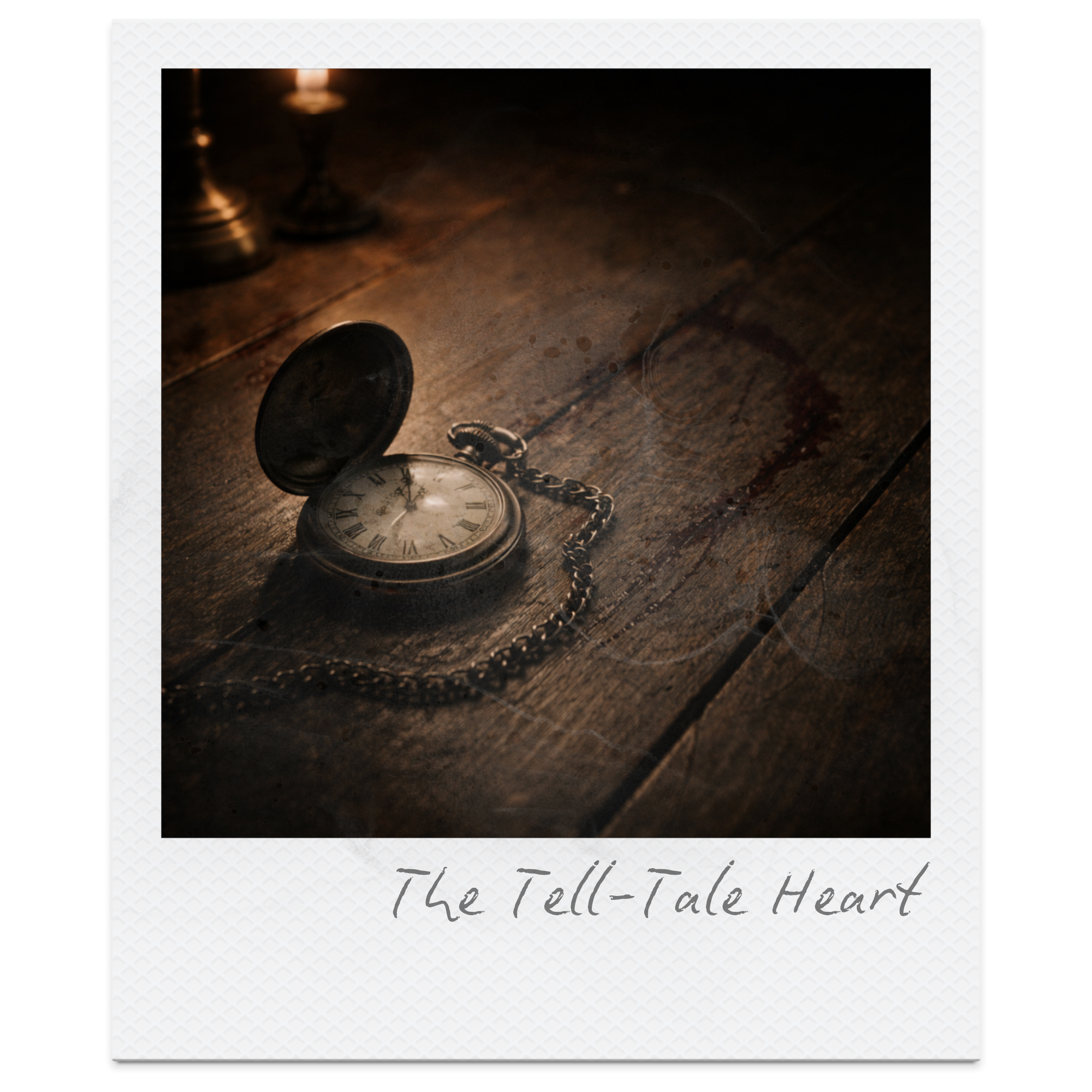 An antique pocket watch with a chain on a dark wooden surface, with a faint reflection and soft warm lighting.