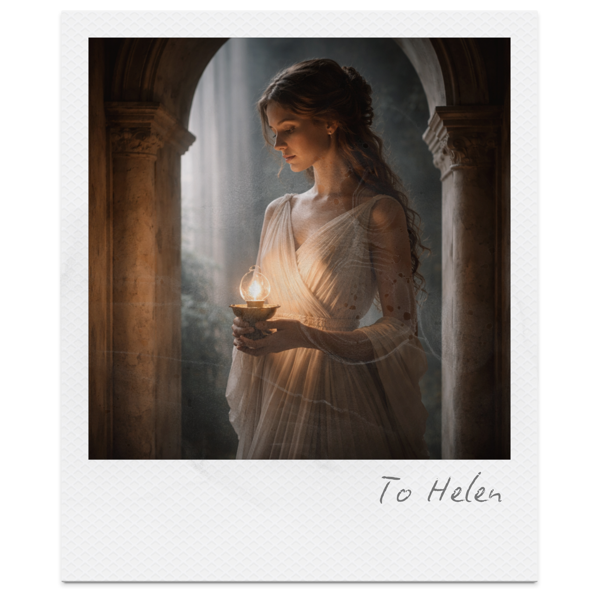 A woman dressed in a flowing light-colored gown holding a small oil lamp with a warm glow, standing near an arched stone window, with a somber expression, surrounded by soft, muted lighting.